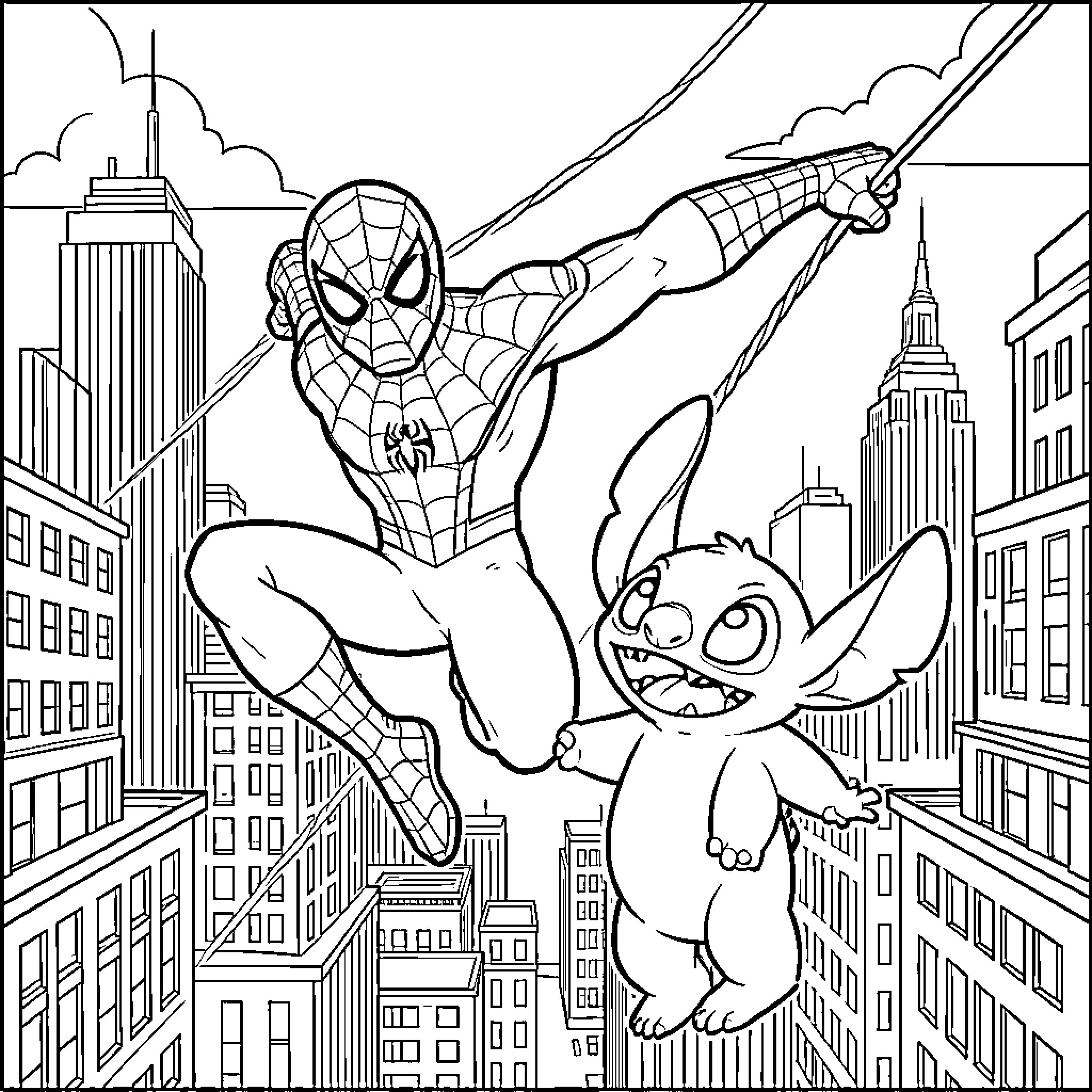 Spider-Man swinging through the city with Stitch Coloring Page (free black-and-white line drawing printable PDF for all, from beginners to advanced learners, including children, teens, adults, and seniors)