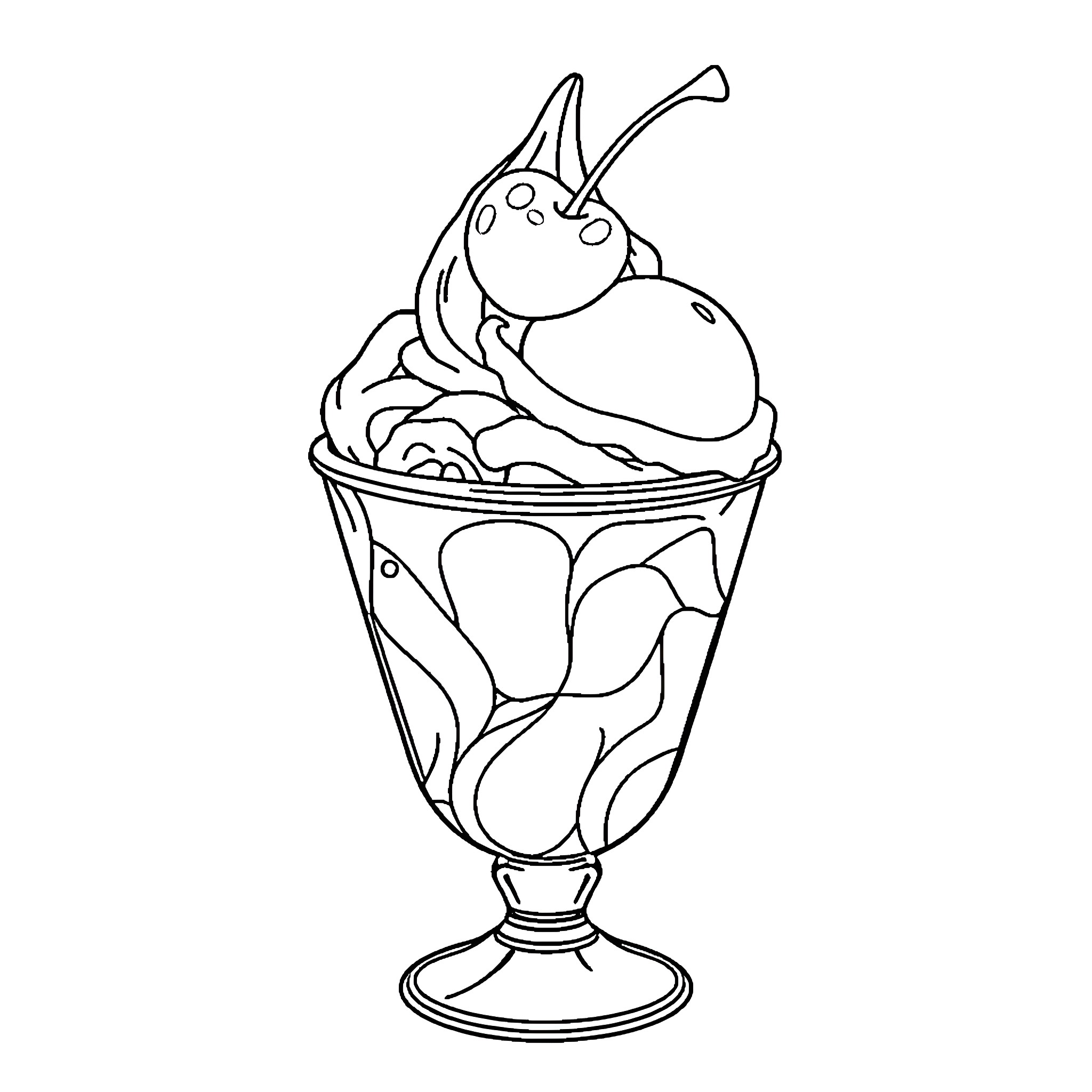 Ice Cream Sundae with Whipped Cream and Cherry Coloring Page (free black-and-white line drawing printable PDF for all, from beginners to advanced learners, including children, teens, adults, and seniors)