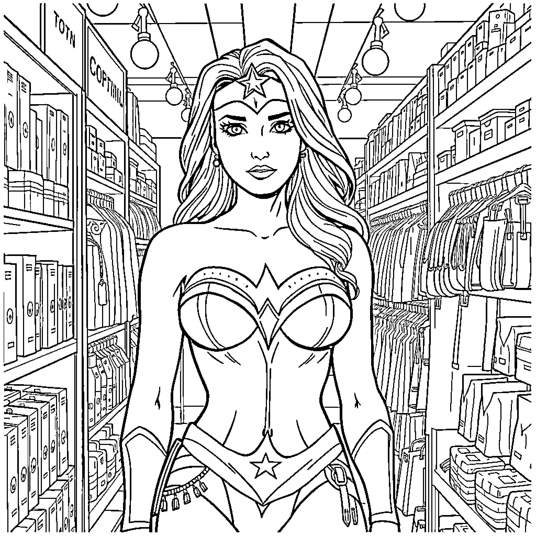 Wonder Woman in Action-Packed Comic Book Store Scene Coloring Page (free black-and-white line drawing printable PDF for all, from beginners to advanced learners, including children, teens, adults, and seniors)