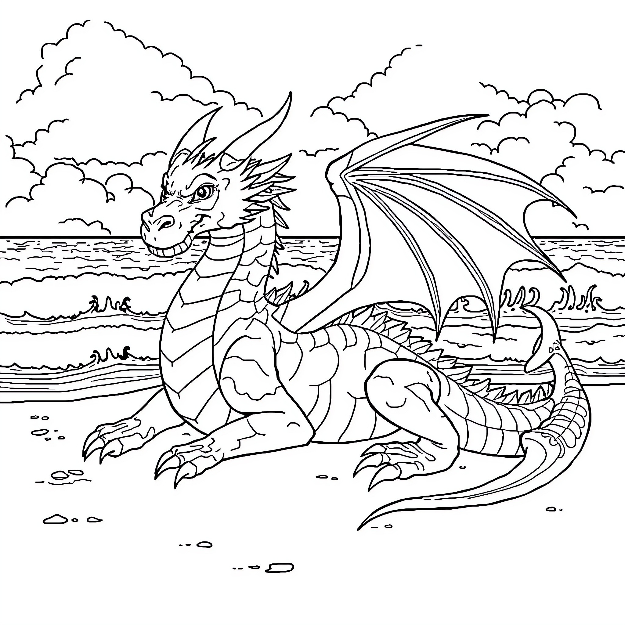 Dragon resting by the ocean waves Coloring Page (free black-and-white line drawing printable PDF for all, from beginners to advanced learners, including children, teens, adults, and seniors)