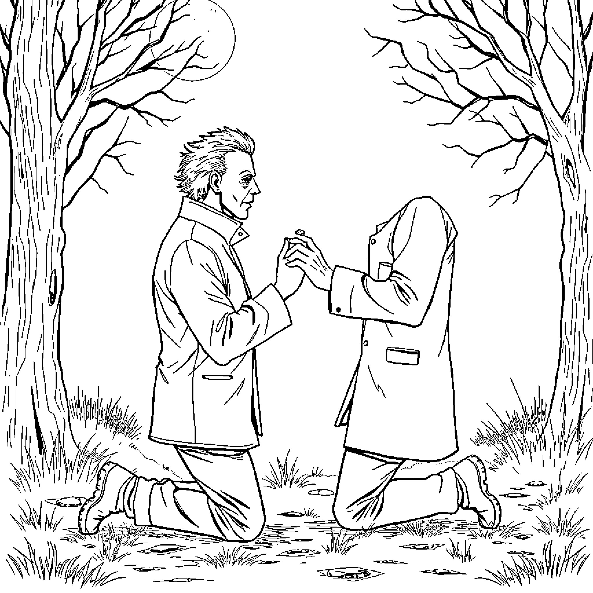 Michael Myers stalking his prey in a spooky forest Coloring Page (free black-and-white line drawing printable PDF for all, from beginners to advanced learners, including children, teens, adults, and seniors)