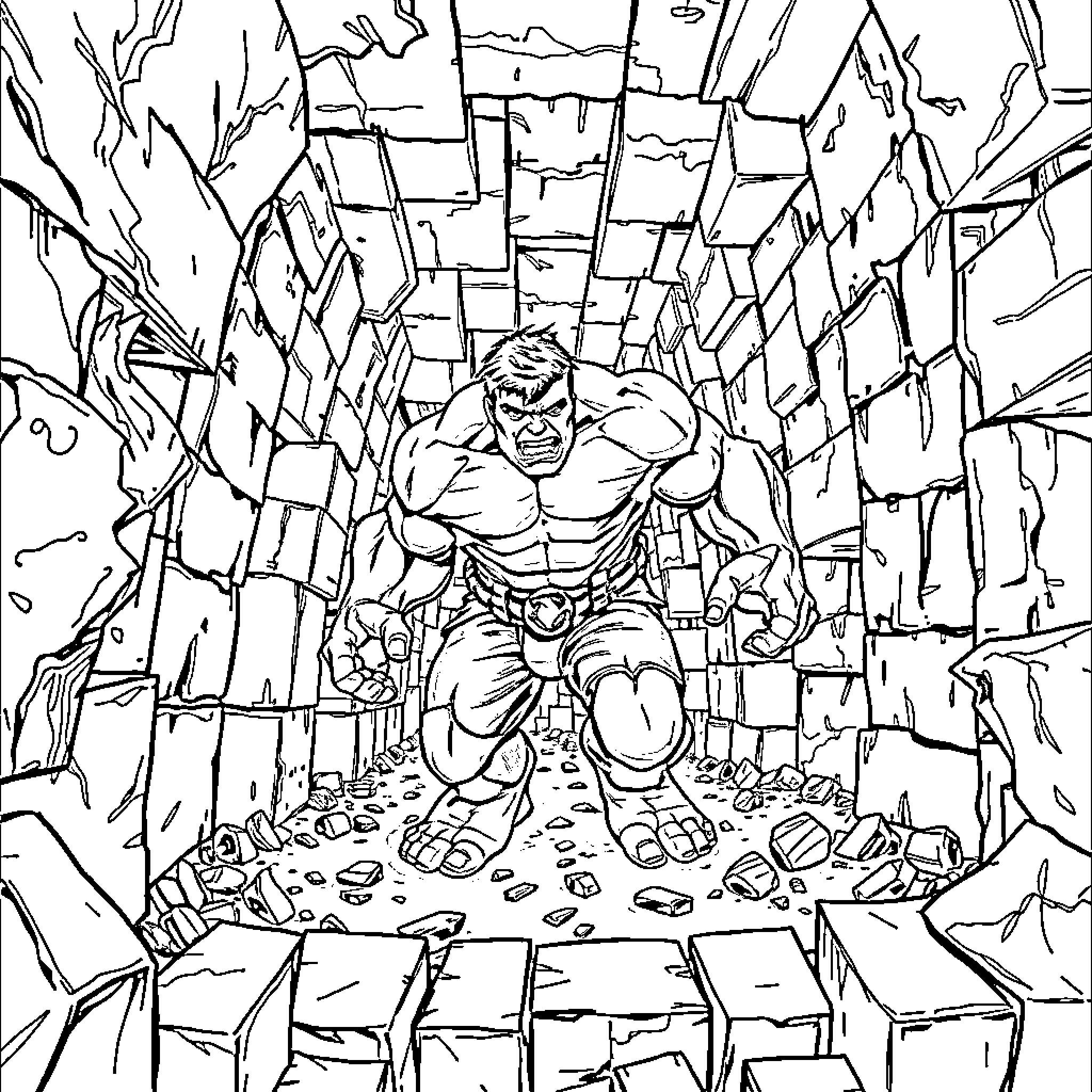 Hulk Smashing Through Crumbling Ruins Coloring Page (free black-and-white line drawing printable PDF for all, from beginners to advanced learners, including children, teens, adults, and seniors)