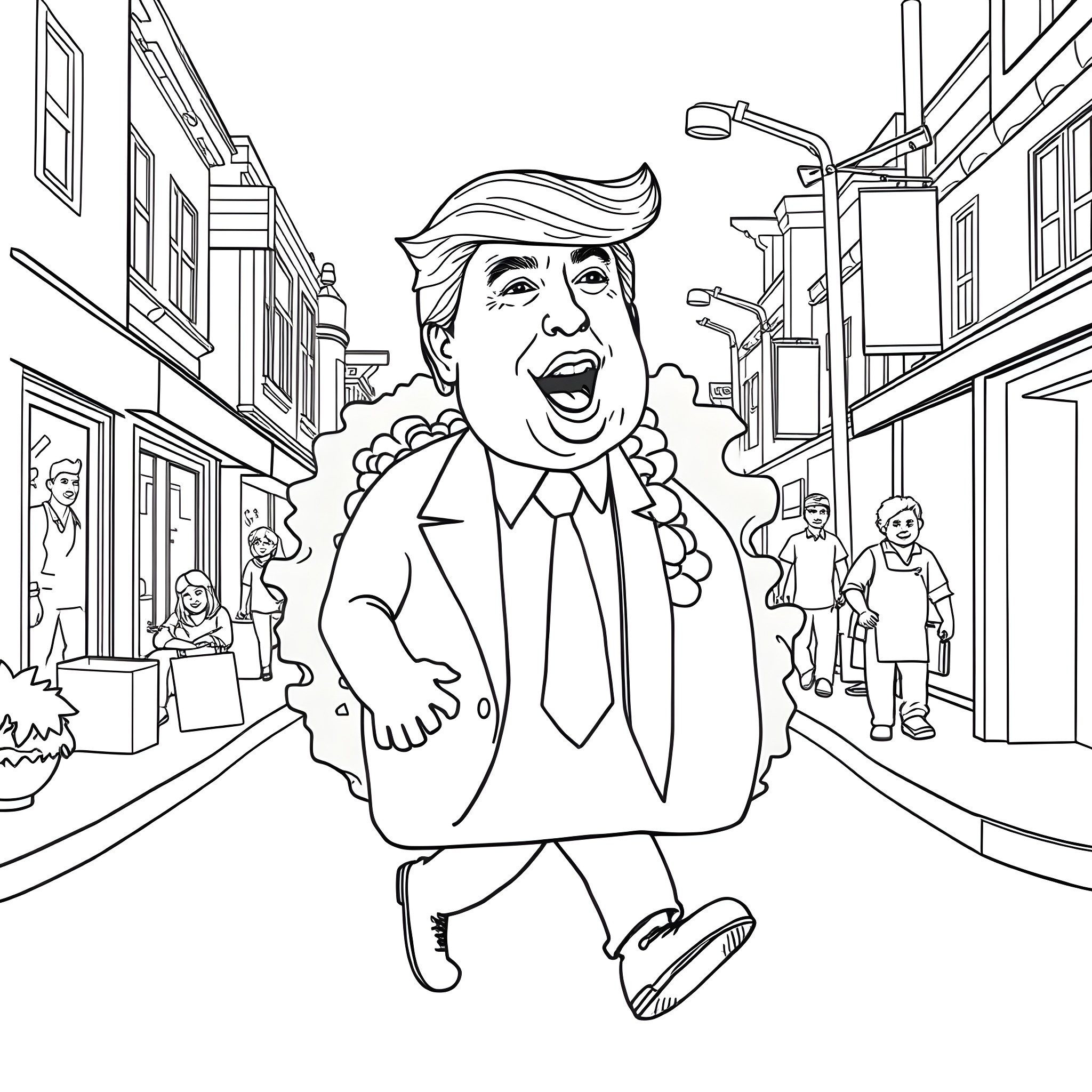 Donald Trump acting outrageous on the city street Coloring Page (free black-and-white line drawing printable PDF for all, from beginners to advanced learners, including children, teens, adults, and seniors)