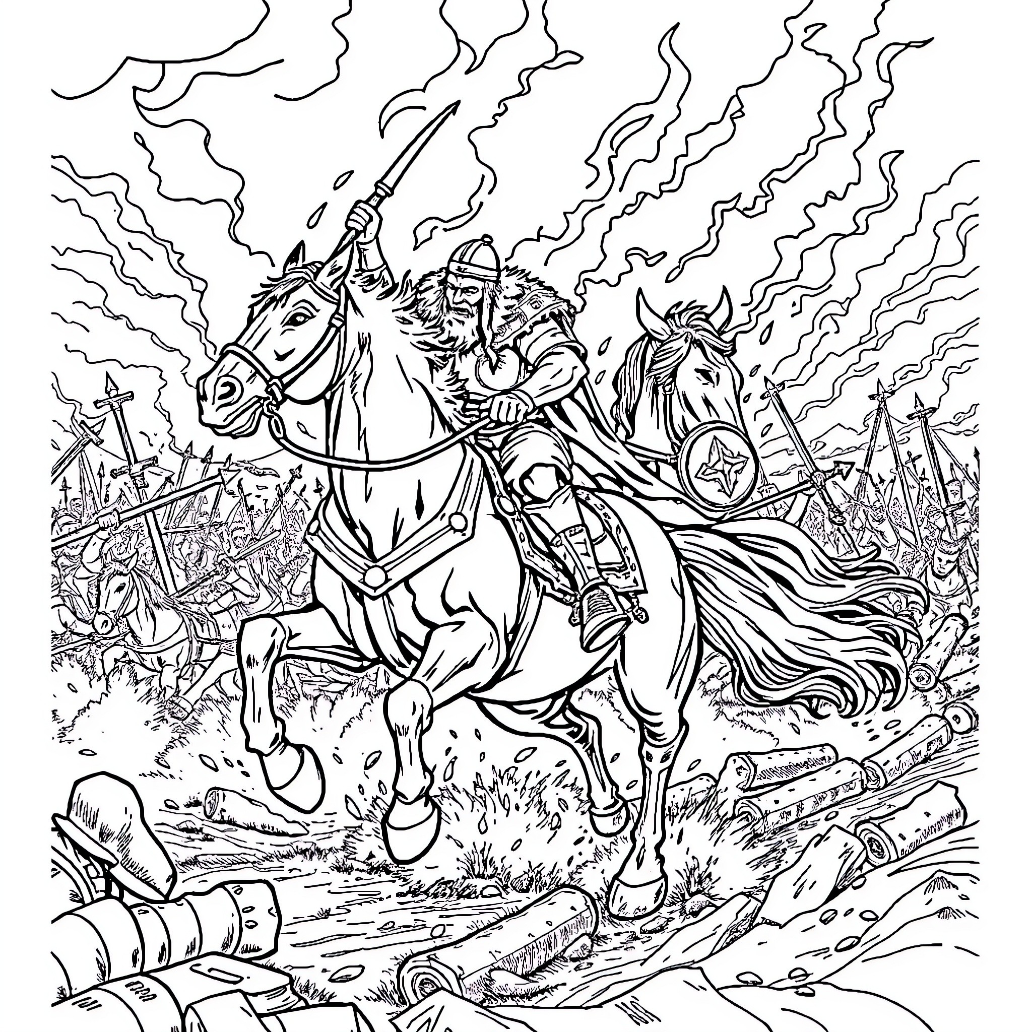 Viking warriors charge into battle on horseback Coloring Page (free black-and-white line drawing printable PDF for all, from beginners to advanced learners, including children, teens, adults, and seniors)