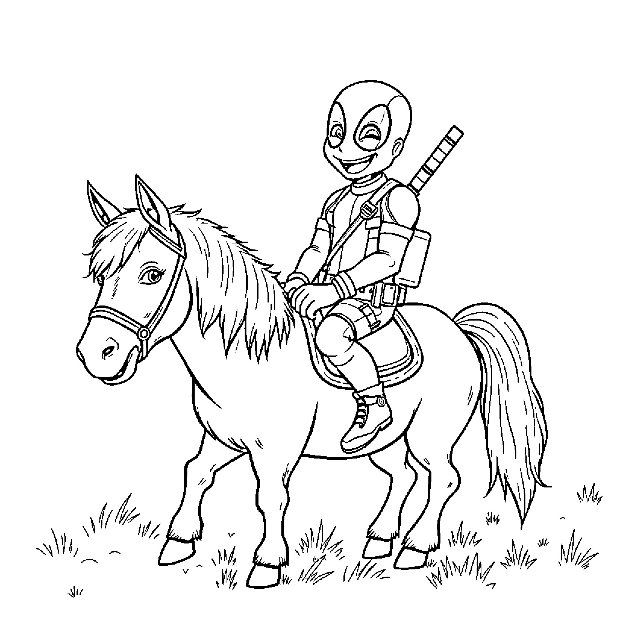 Deadpool riding a horse in the countryside Coloring Page (free black-and-white line drawing printable PDF for all, from beginners to advanced learners, including children, teens, adults, and seniors)