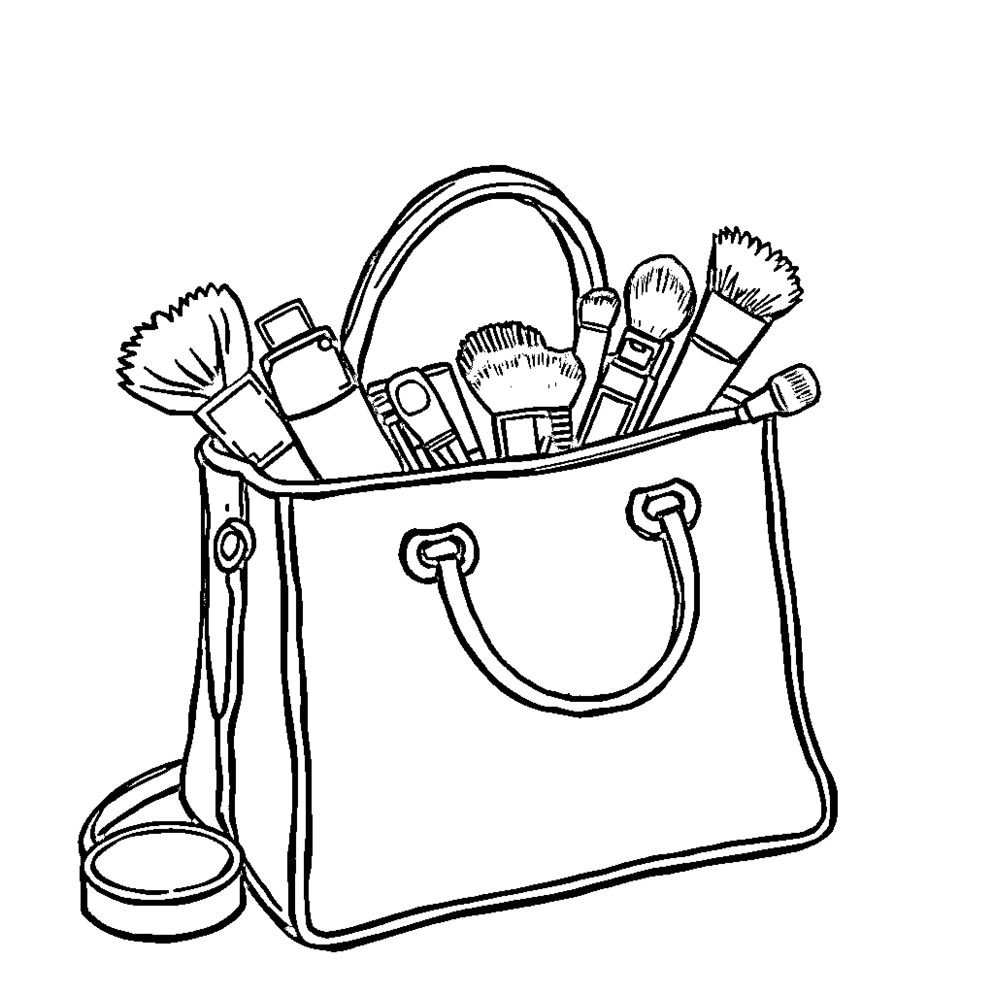Makeup Bag Filled with Beauty Essentials Coloring Page (free black-and-white line drawing printable PDF for all, from beginners to advanced learners, including children, teens, adults, and seniors)