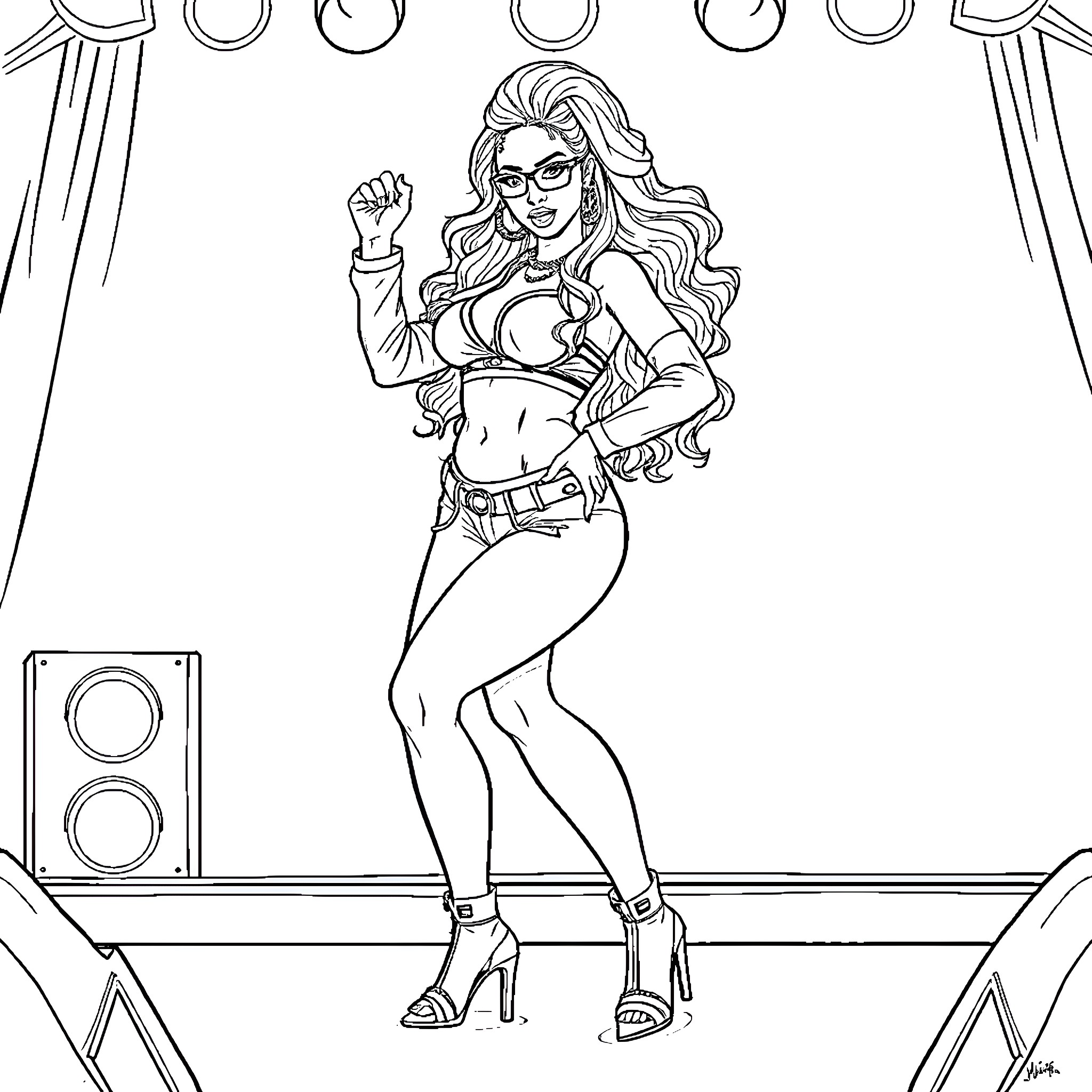 Nicki Minaj performing confidently on stage Coloring Page (free black-and-white line drawing printable PDF for all, from beginners to advanced learners, including children, teens, adults, and seniors)