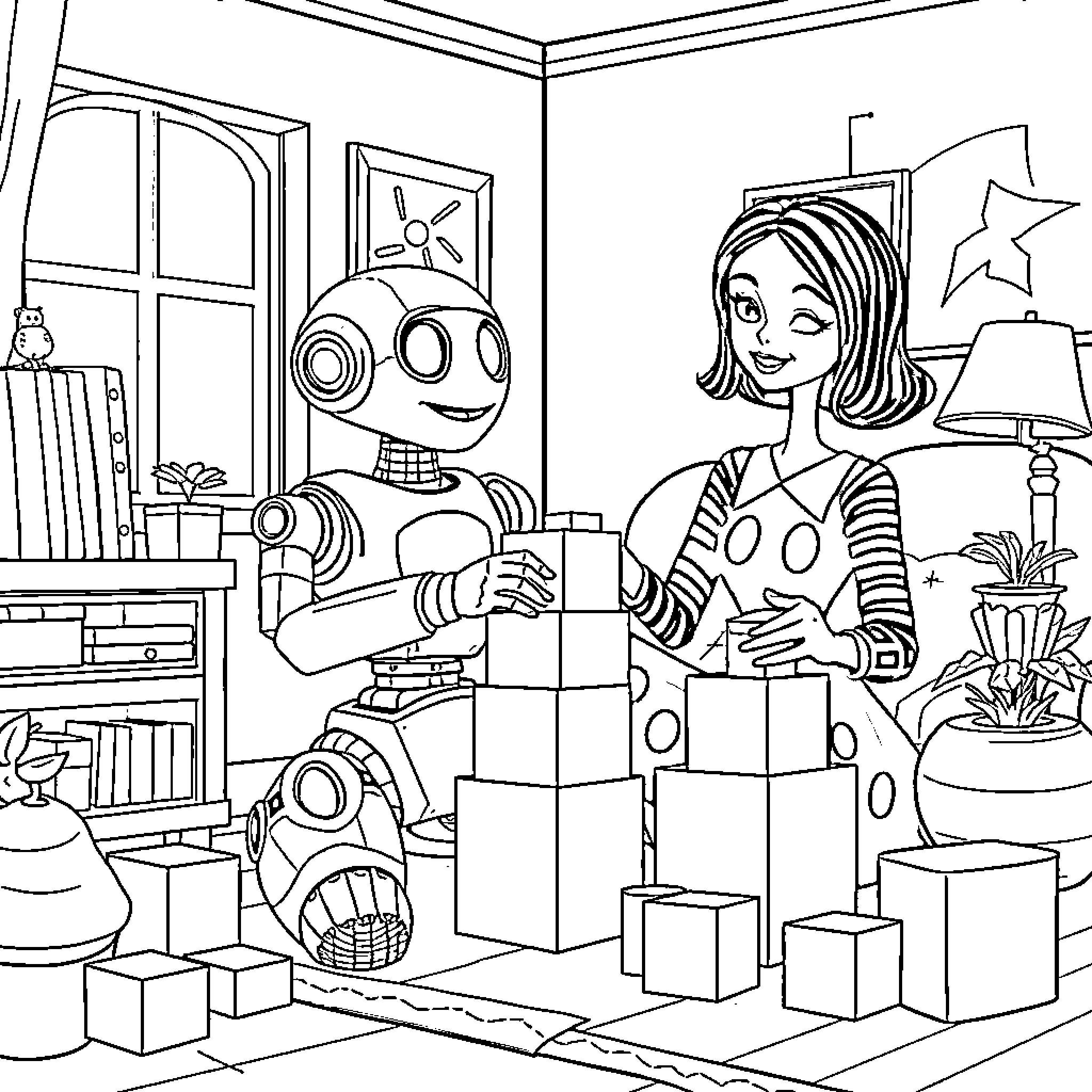 M3gan interacting with a young girl in a whimsical room Coloring Page (free black-and-white line drawing printable PDF for all, from beginners to advanced learners, including children, teens, adults, and seniors)