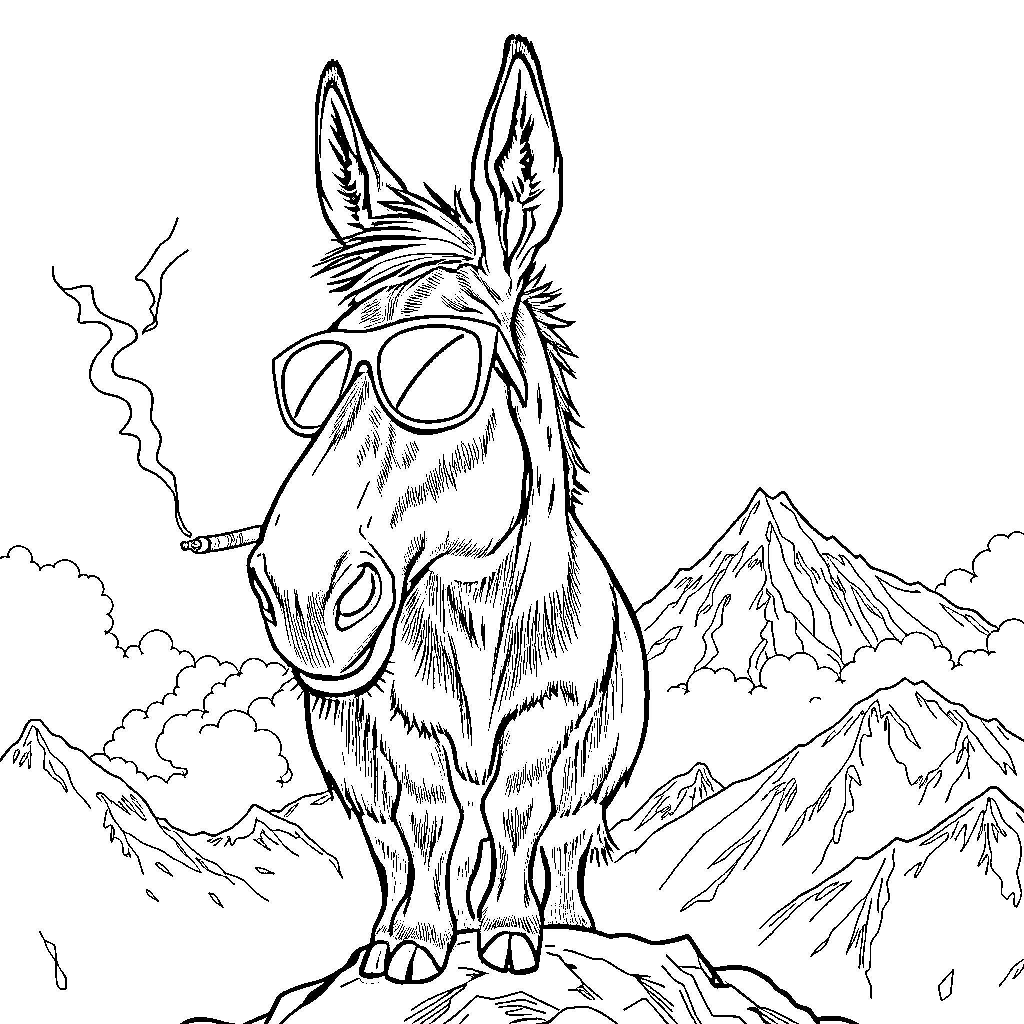 Donkey wearing sunglasses and smoking in the mountains Coloring Page (free black-and-white line drawing printable PDF for all, from beginners to advanced learners, including children, teens, adults, and seniors)