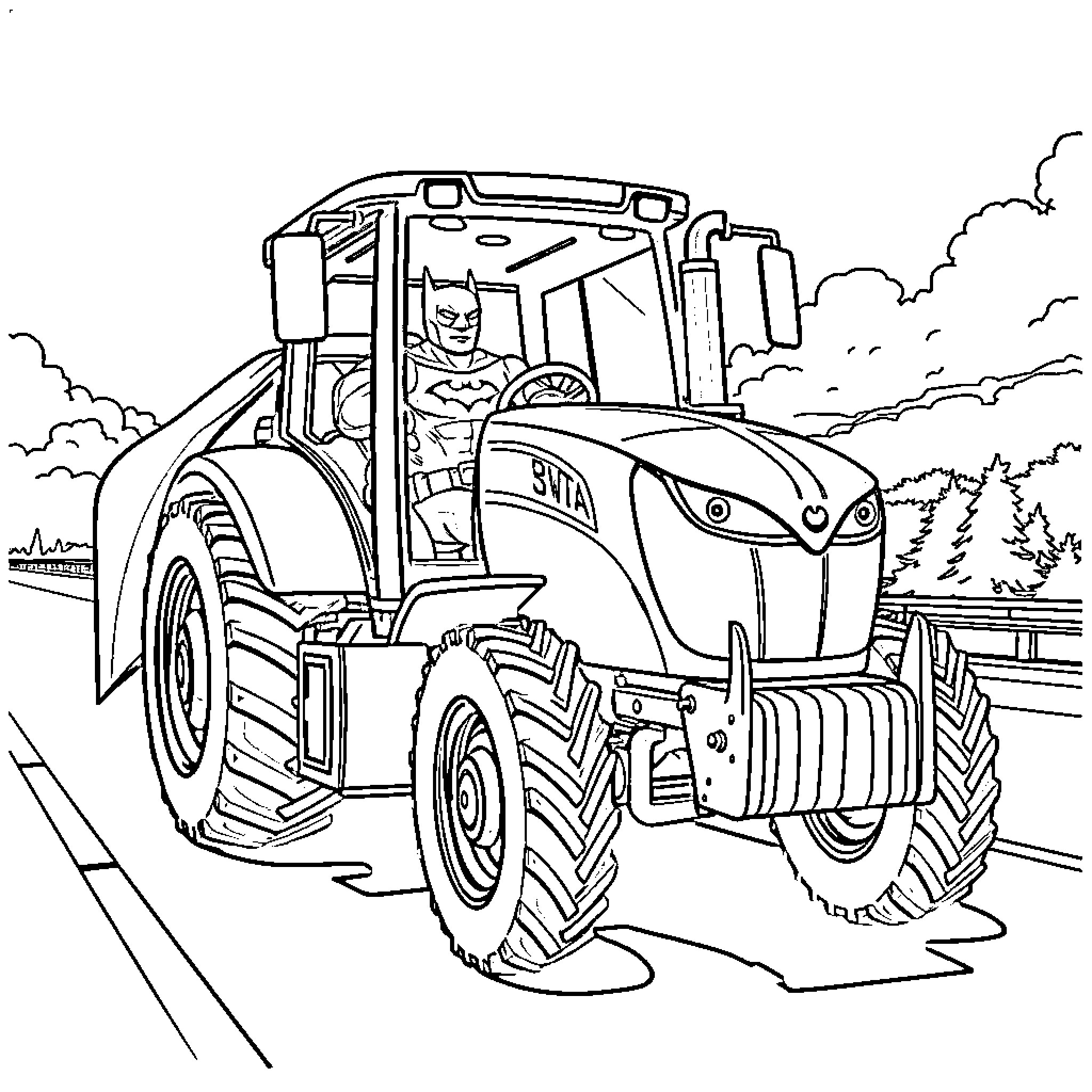 Batman operating powerful tractor on rural road Coloring Page (free black-and-white line drawing printable PDF for all, from beginners to advanced learners, including children, teens, adults, and seniors)