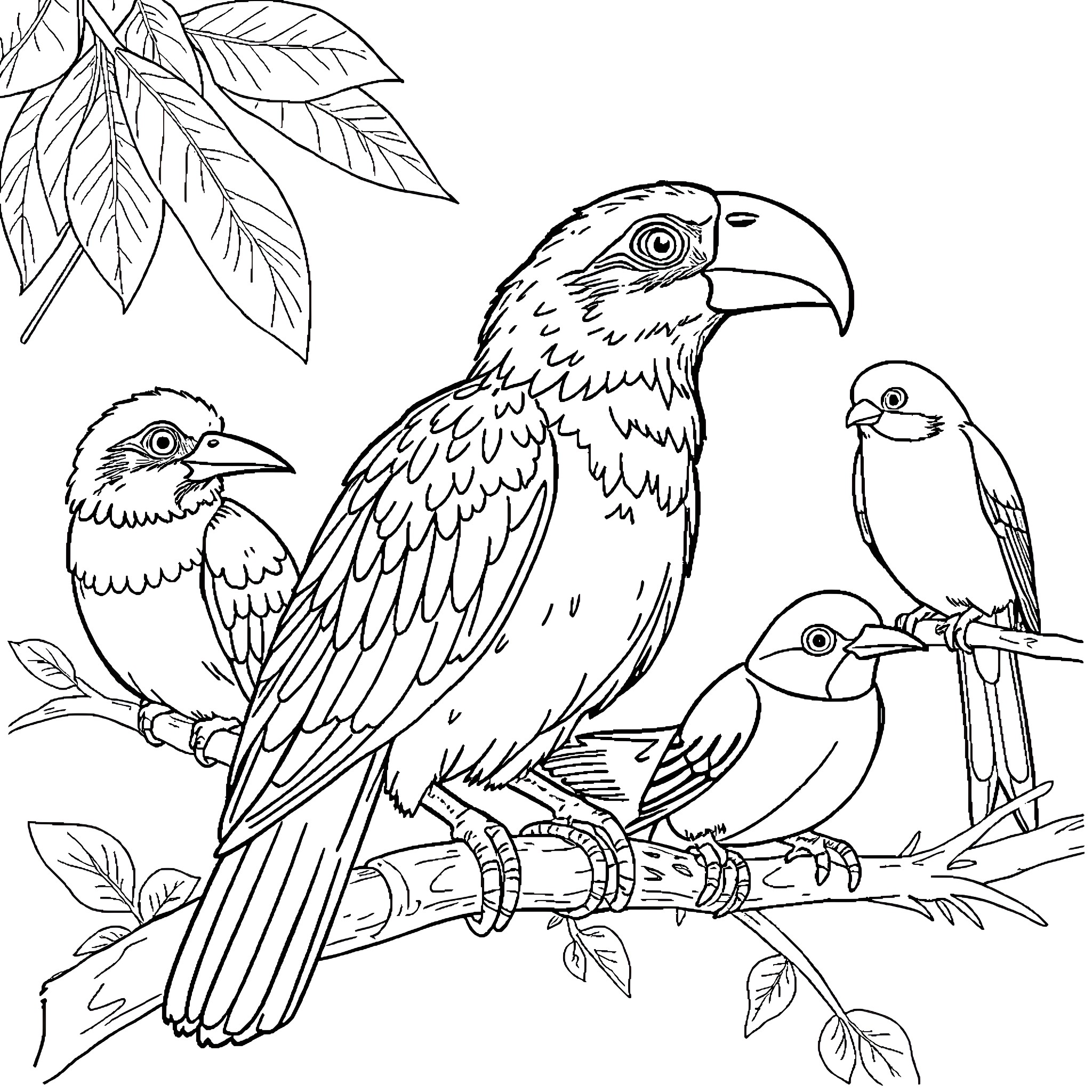 Animal exotic birds perched on branch Coloring Page (free black-and-white line drawing printable PDF for all, from beginners to advanced learners, including children, teens, adults, and seniors)