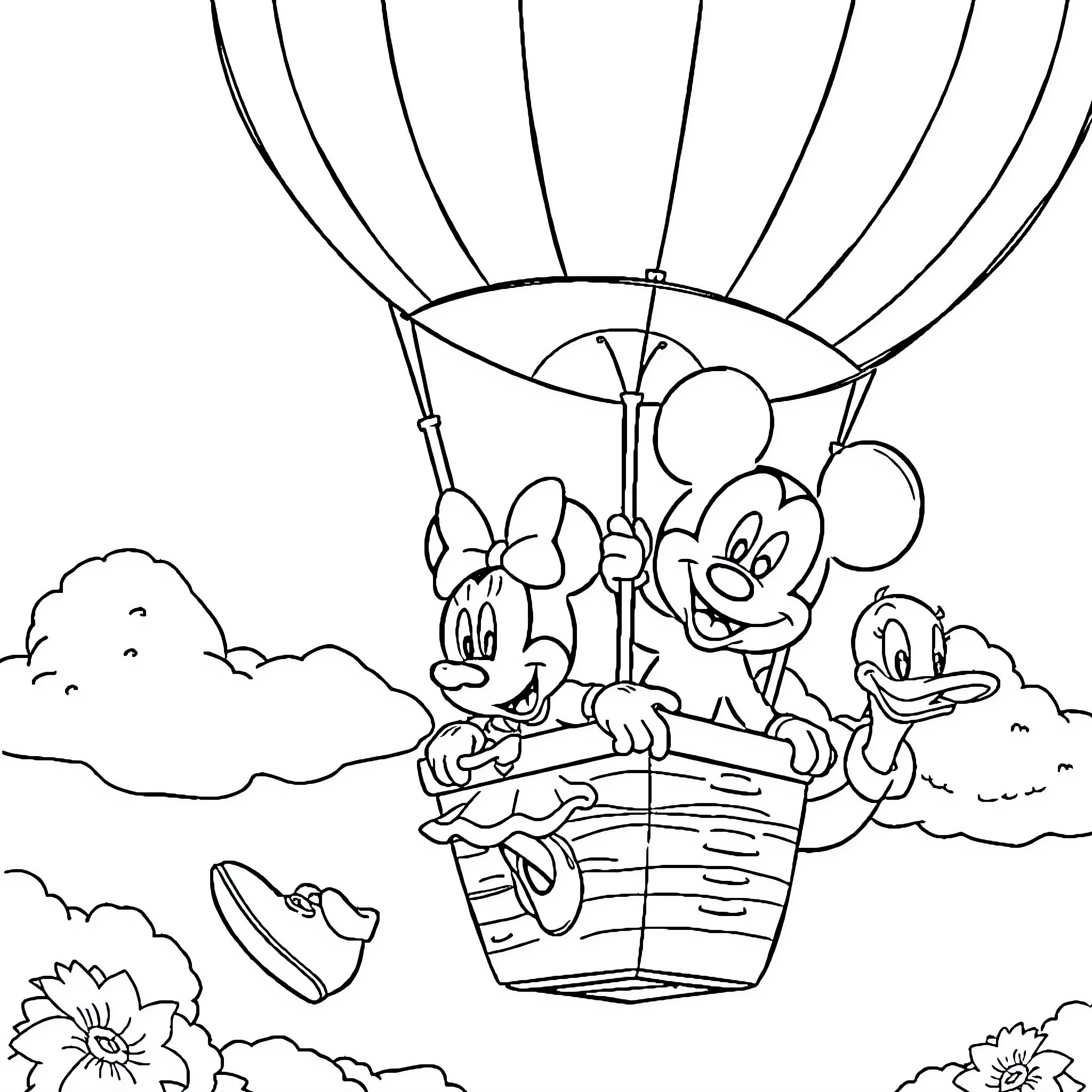 Mickey Mouse and friends in a hot air balloon adventure Coloring Page (free black-and-white line drawing printable PDF for all, from beginners to advanced learners, including children, teens, adults, and seniors)