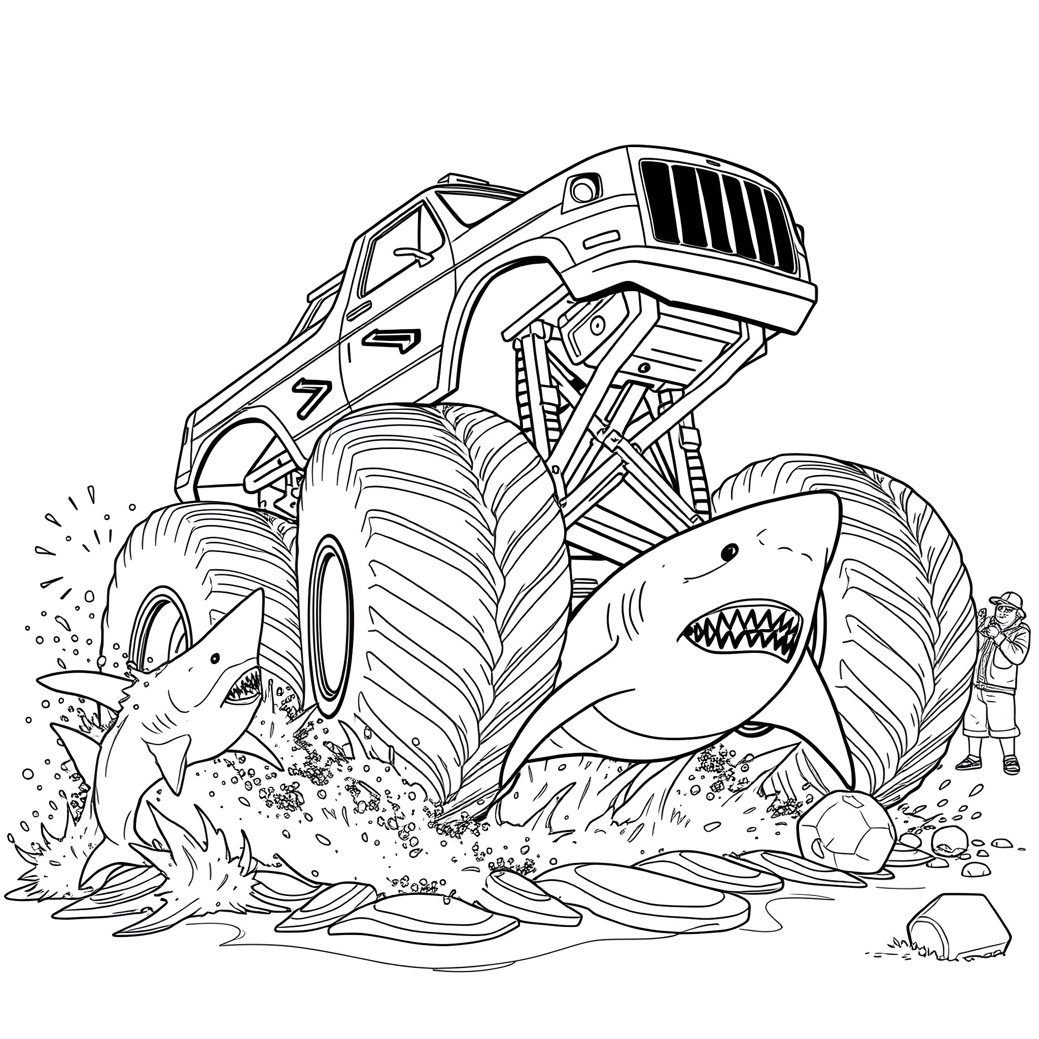 Monster Truck crushing sharks and rocks in the wild Coloring Page (free black-and-white line drawing printable PDF for all, from beginners to advanced learners, including children, teens, adults, and seniors)