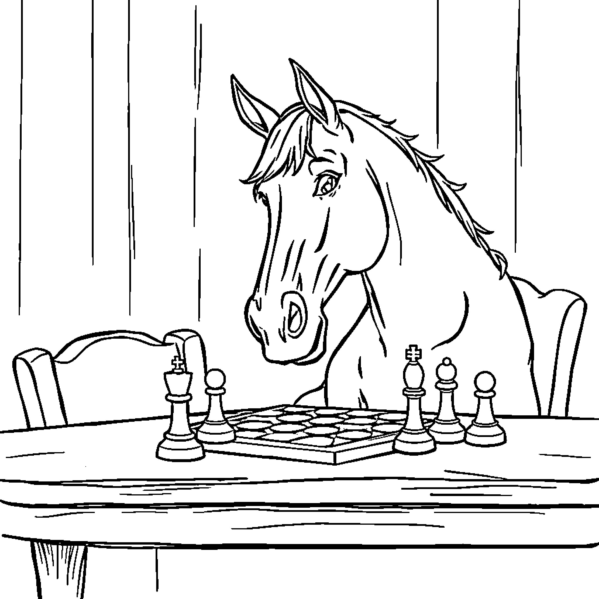 Horse playing chess on the table Coloring Page (free black-and-white line drawing printable PDF for all, from beginners to advanced learners, including children, teens, adults, and seniors)