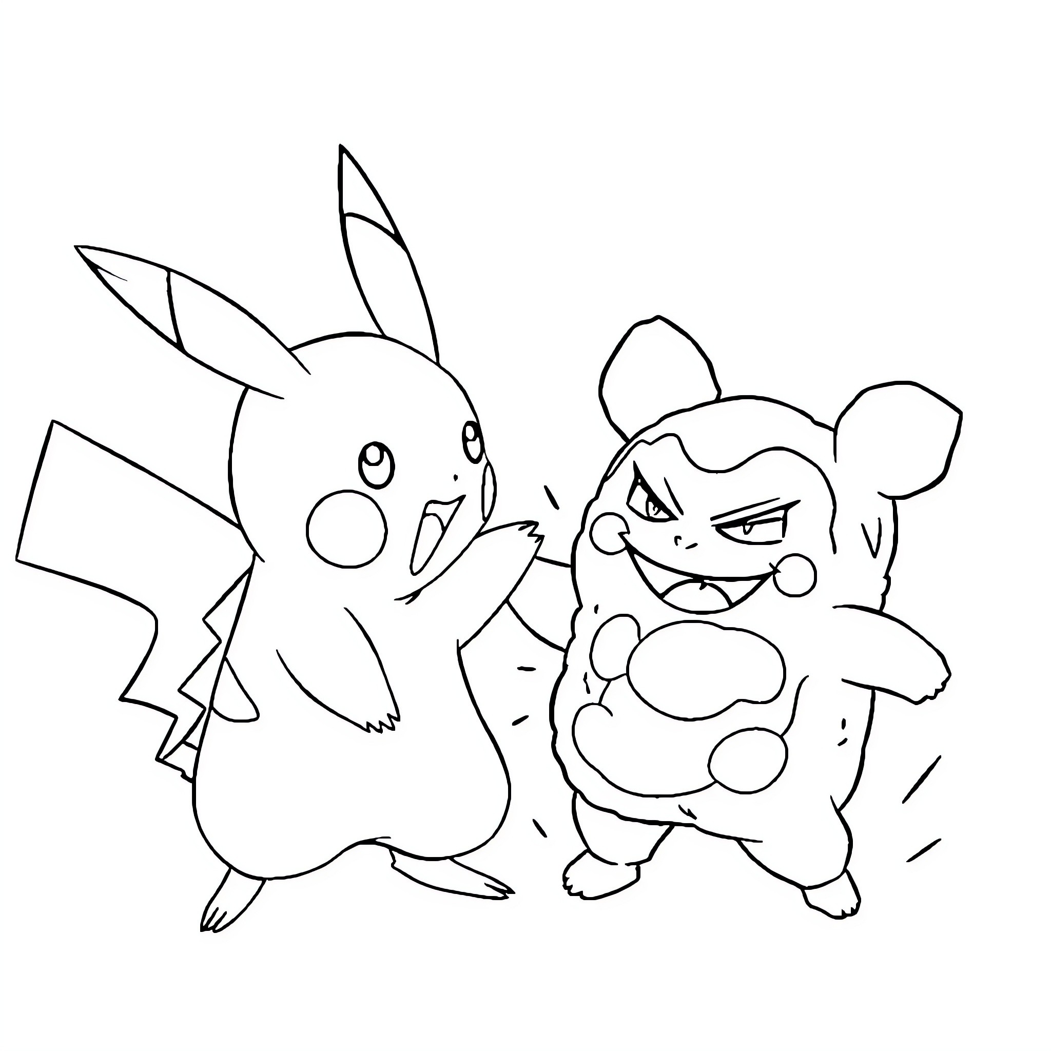 Pikachu and friends enjoying a playful moment Coloring Page (free black-and-white line drawing printable PDF for all, from beginners to advanced learners, including children, teens, adults, and seniors)