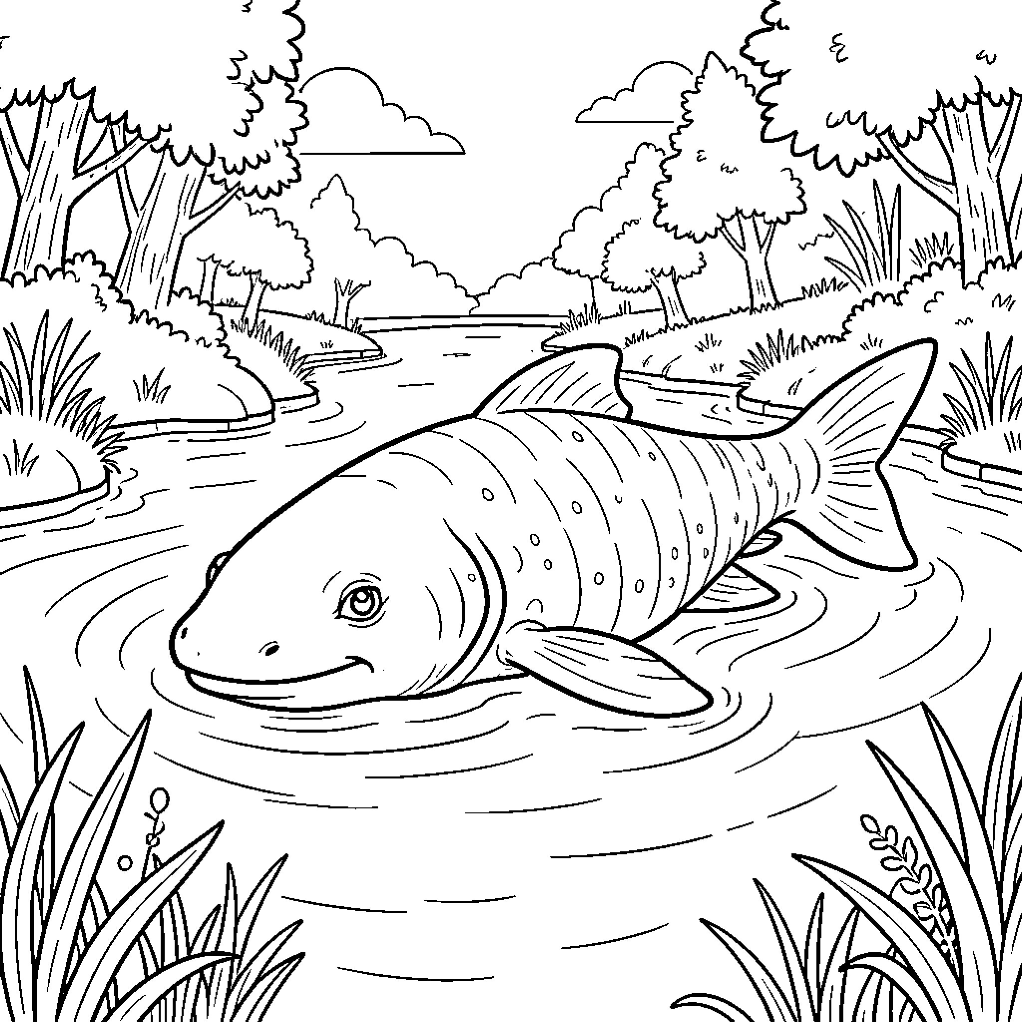 Capybara observing a large fish swimming in a river Coloring Page (free black-and-white line drawing printable PDF for all, from beginners to advanced learners, including children, teens, adults, and seniors)
