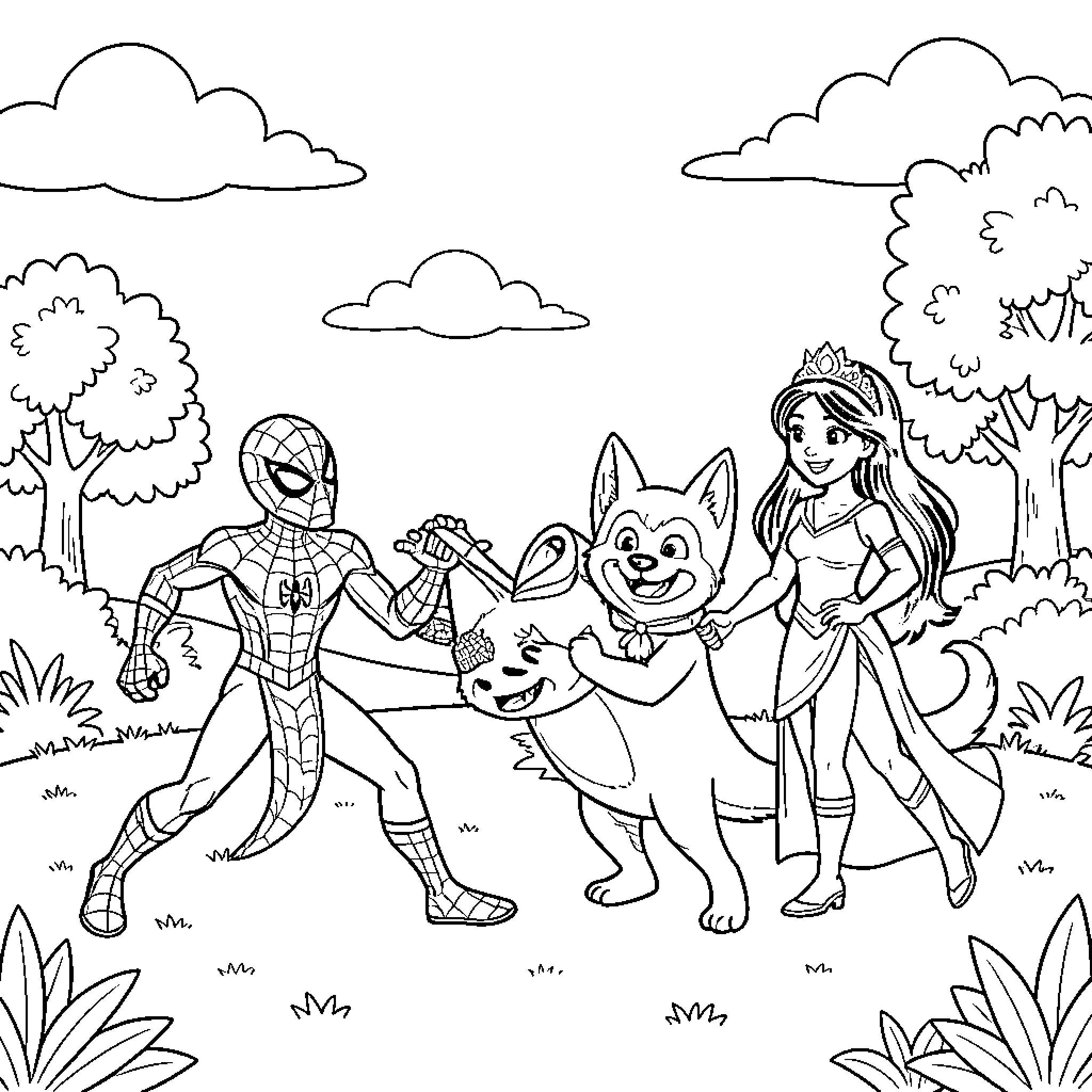 Spidey interacting playfully with a princess and a dog Coloring Page (free black-and-white line drawing printable PDF for all, from beginners to advanced learners, including children, teens, adults, and seniors)
