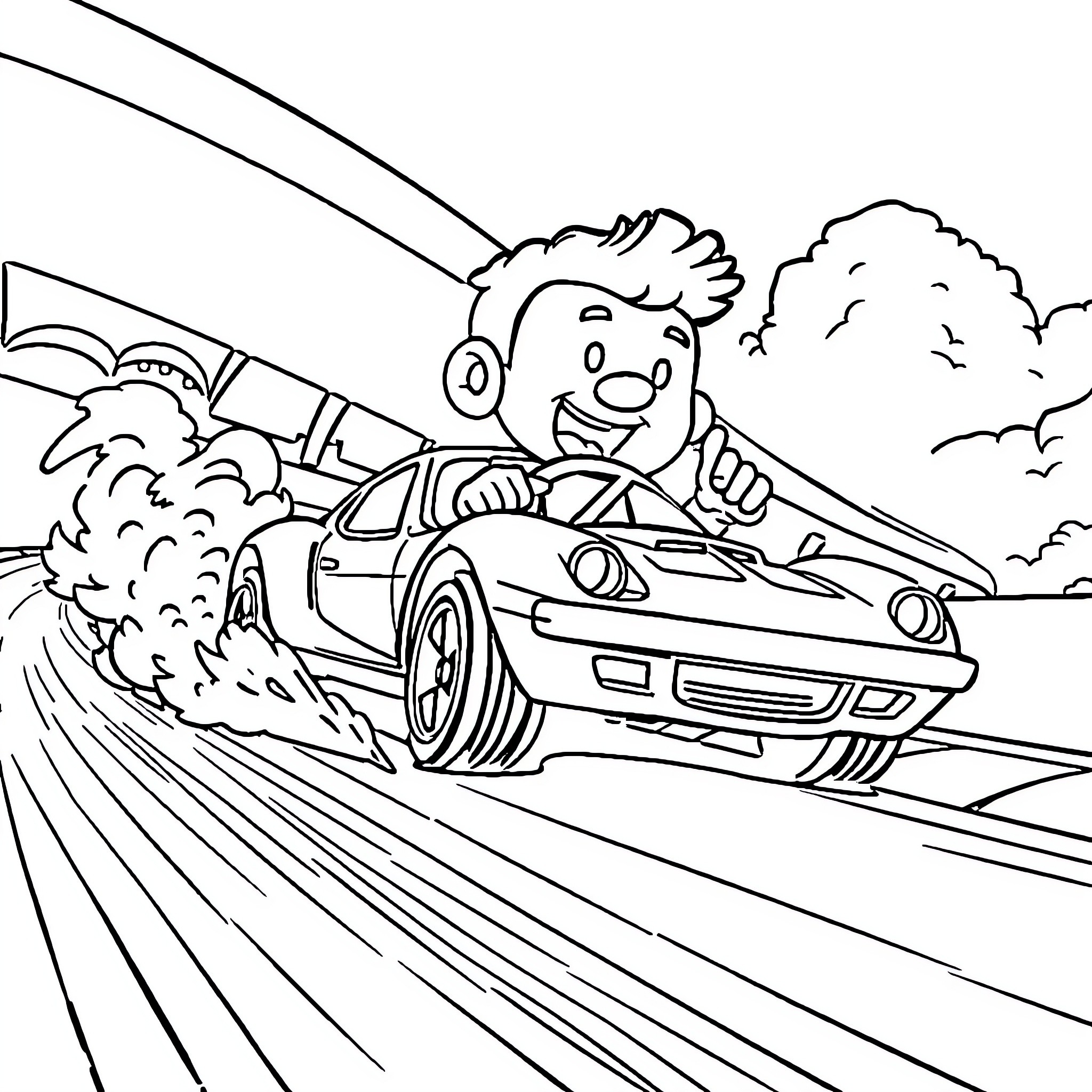 Songoku drives a sports car through the countryside Coloring Page (free black-and-white line drawing printable PDF for all, from beginners to advanced learners, including children, teens, adults, and seniors)