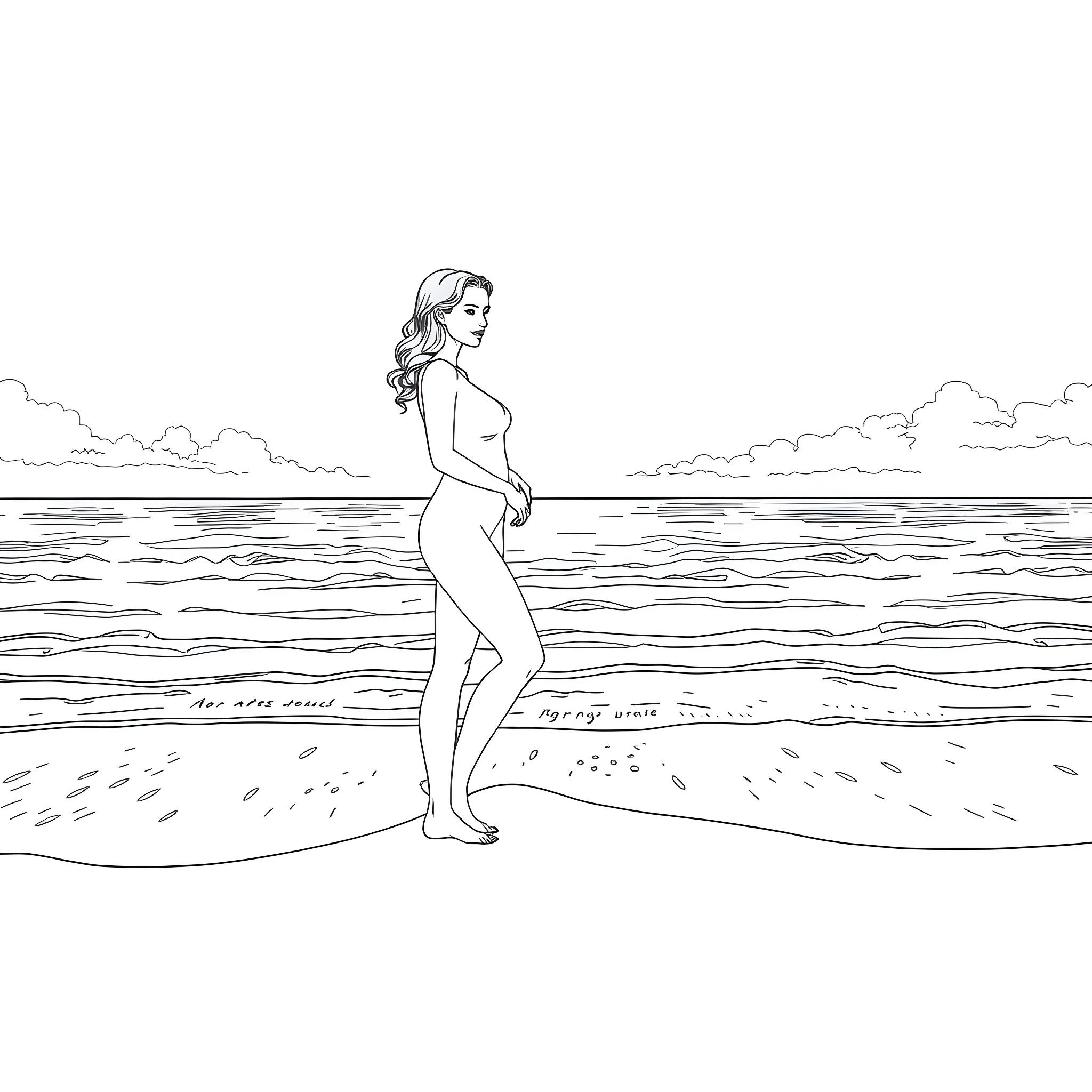 Margot Robbie standing gracefully on the beach Coloring Page (free black-and-white line drawing printable PDF for all, from beginners to advanced learners, including children, teens, adults, and seniors)