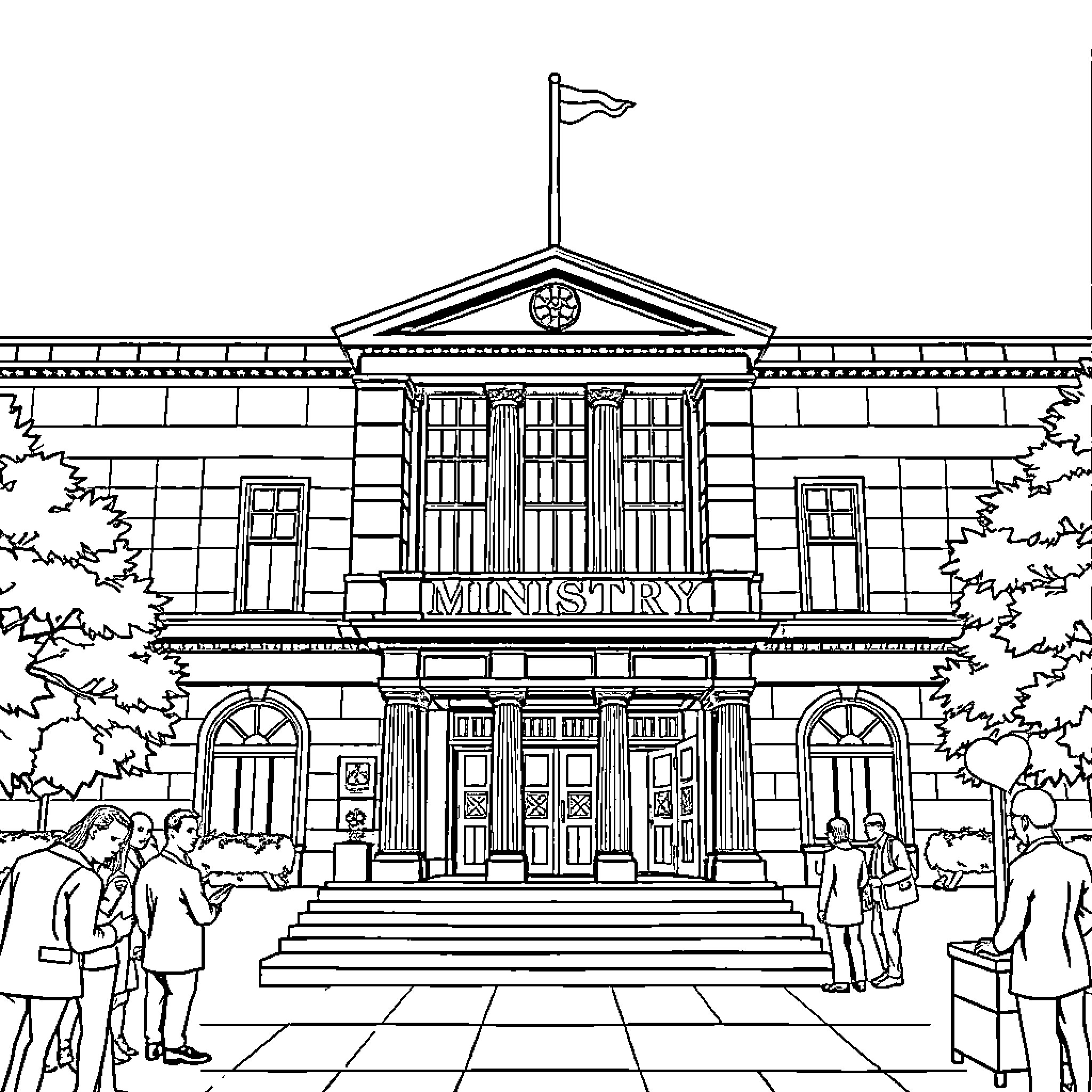 Ministry building with people in formal attire Coloring Page (free black-and-white line drawing printable PDF for all, from beginners to advanced learners, including children, teens, adults, and seniors)