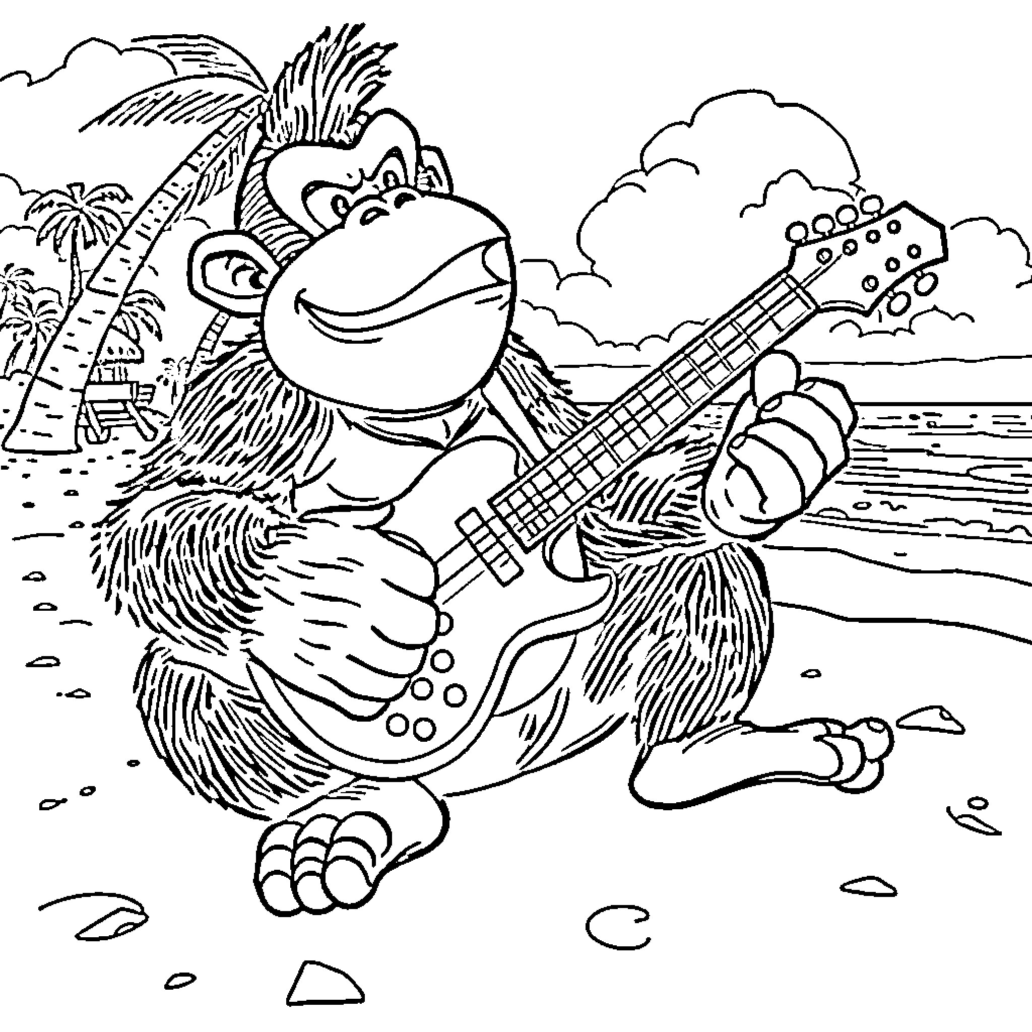 Donkey Kong playing guitar on the beach Coloring Page (free black-and-white line drawing printable PDF for all, from beginners to advanced learners, including children, teens, adults, and seniors)