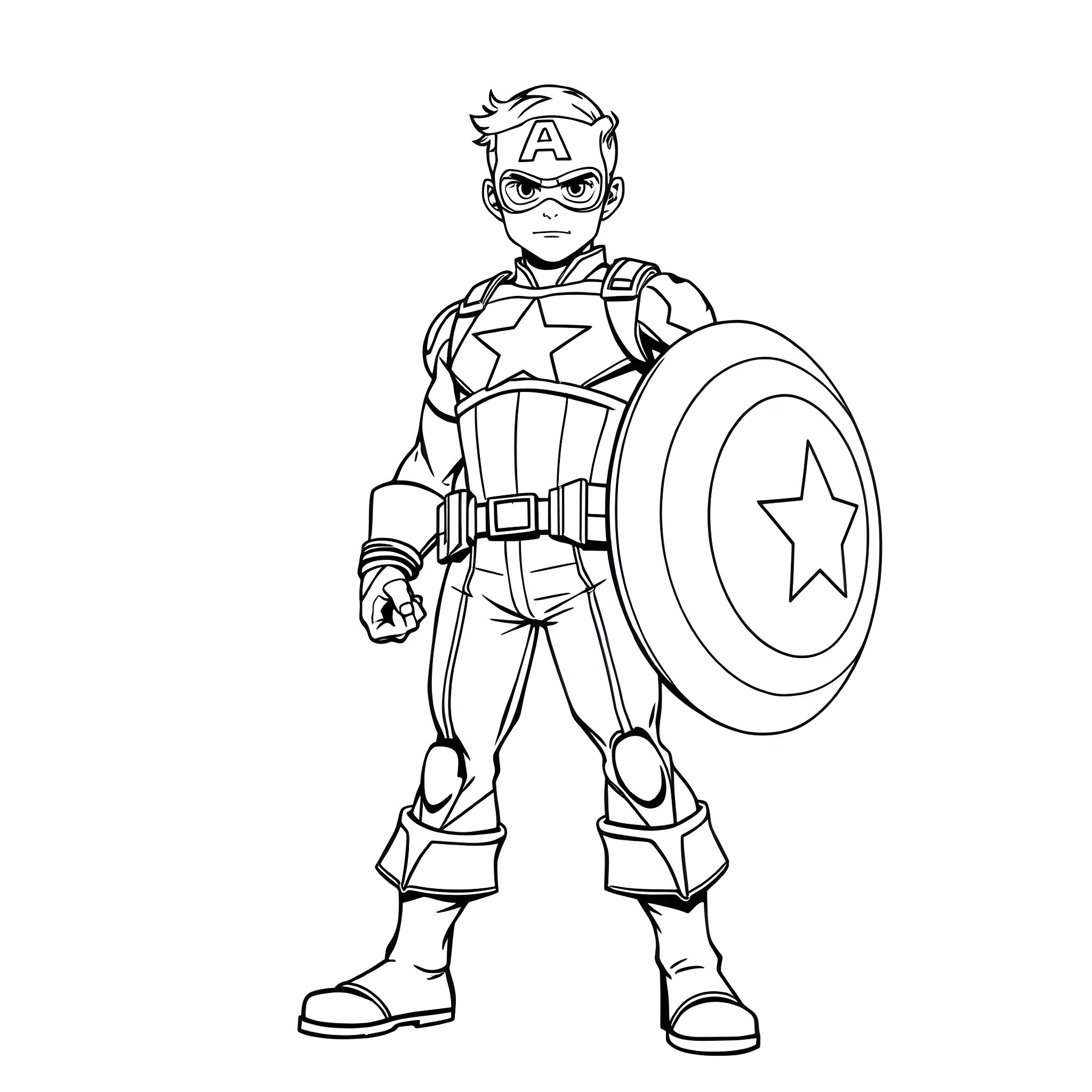 Captain America Jr. - Young Hero in Training Coloring Page (free black-and-white line drawing printable PDF for all, from beginners to advanced learners, including children, teens, adults, and seniors)