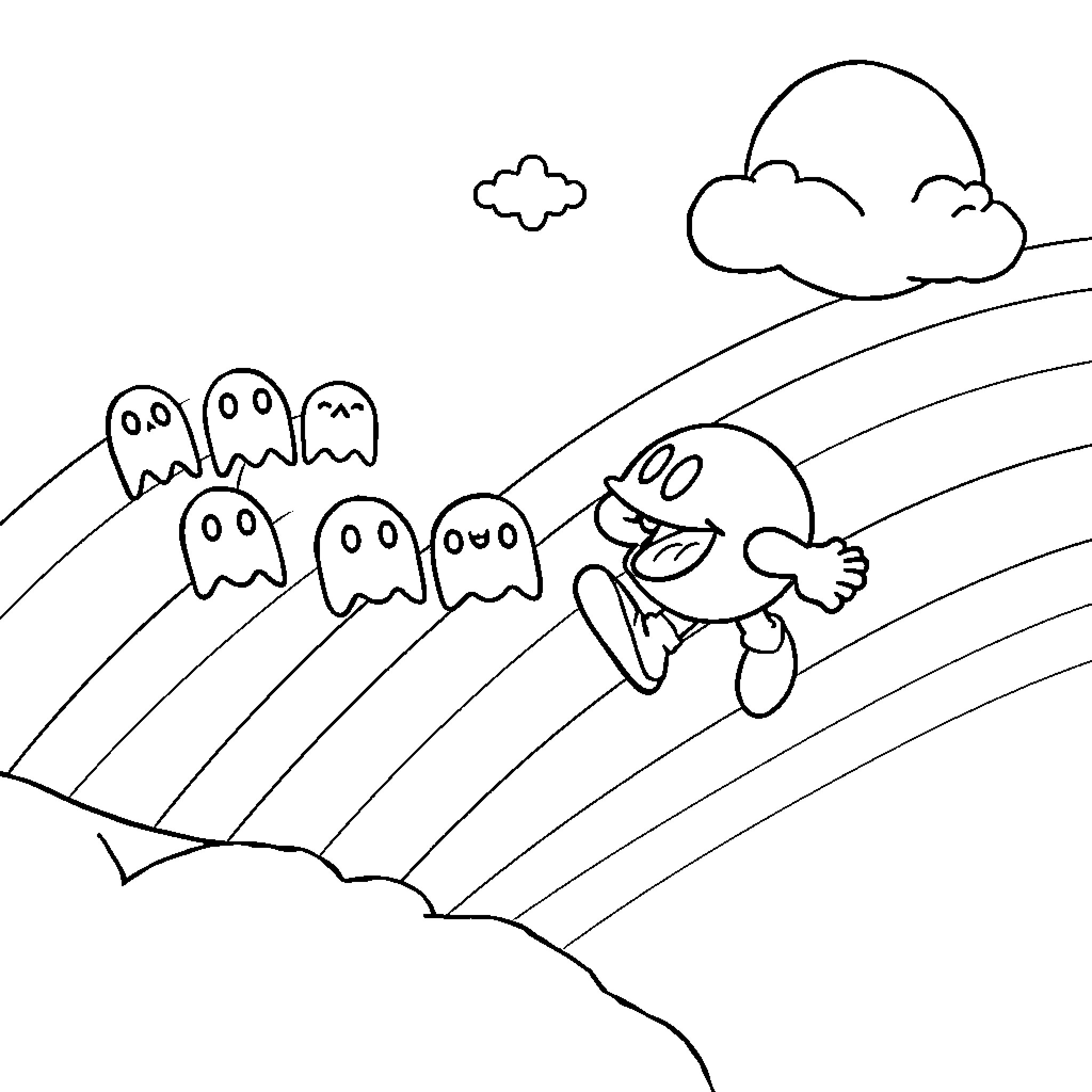 Pacman chasing ghosts in a fantastical landscape Coloring Page (free black-and-white line drawing printable PDF for all, from beginners to advanced learners, including children, teens, adults, and seniors)