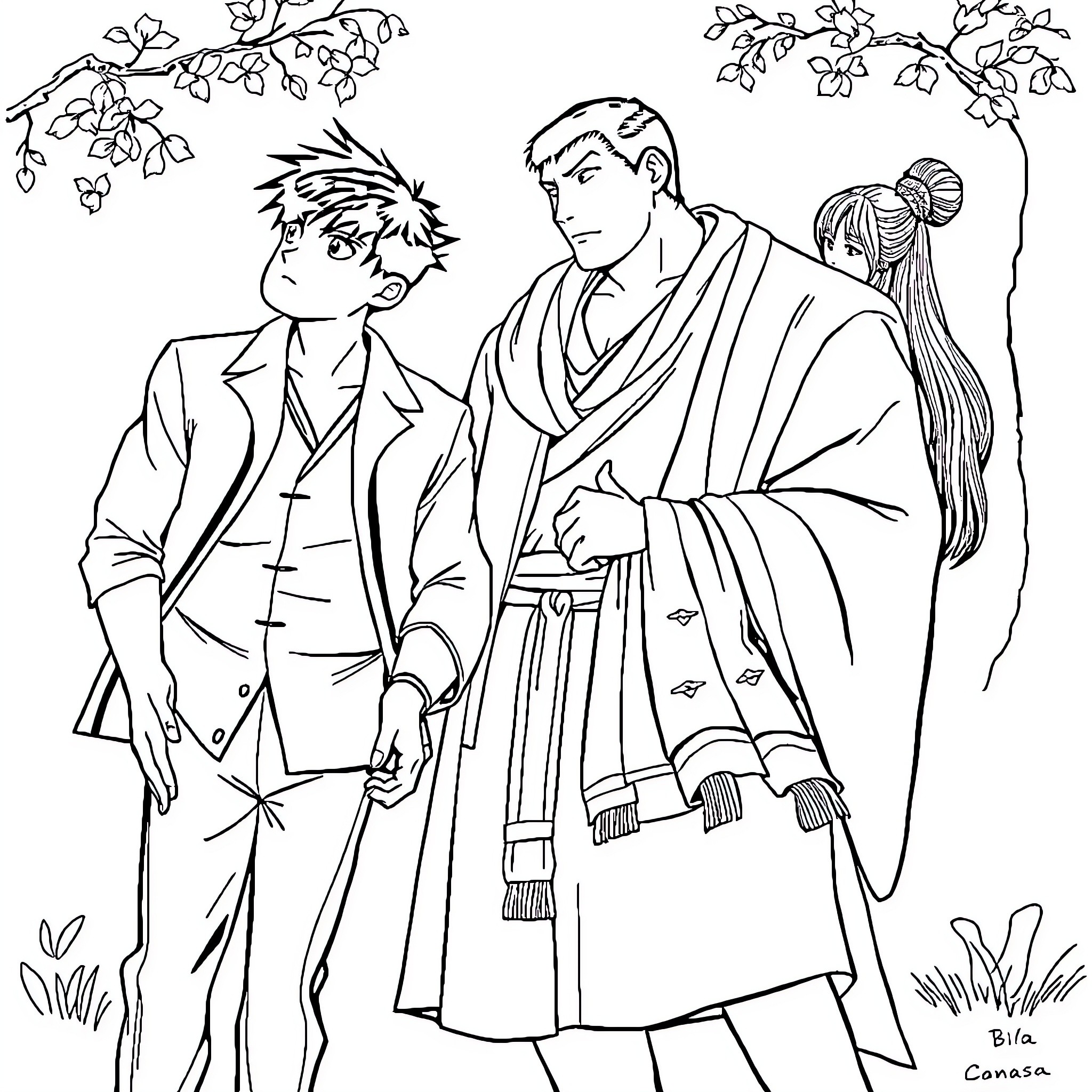 Conan and friends in traditional Japanese attire Coloring Page (free black-and-white line drawing printable PDF for all, from beginners to advanced learners, including children, teens, adults, and seniors)