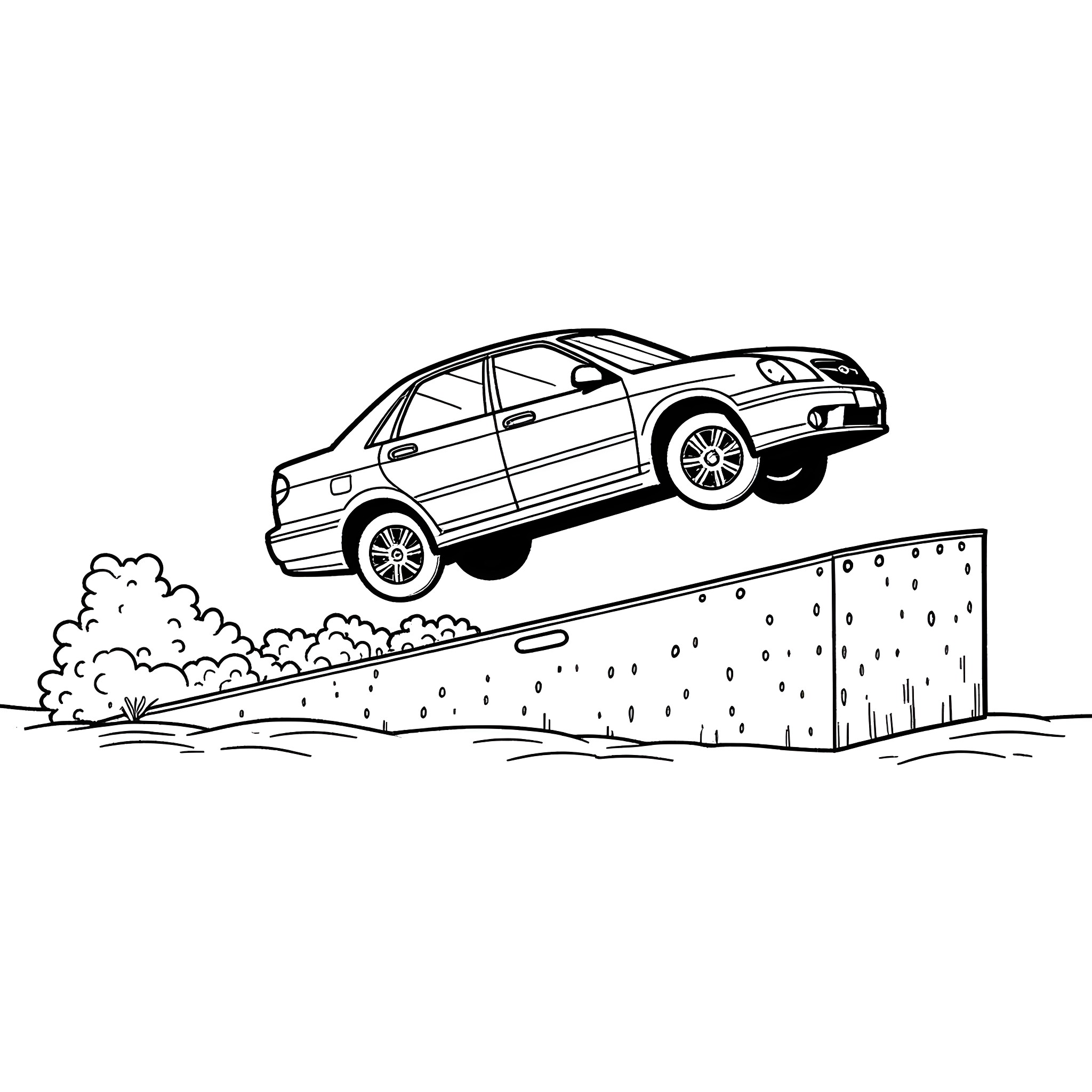 Subaru vehicle jumping over hurdle in action scene Coloring Page (free black-and-white line drawing printable PDF for all, from beginners to advanced learners, including children, teens, adults, and seniors)