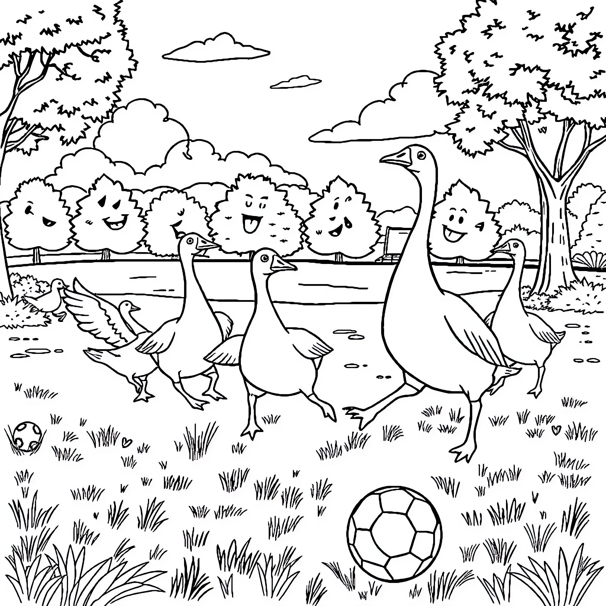 Goose family strolling in a peaceful park Coloring Page (free black-and-white line drawing printable PDF for all, from beginners to advanced learners, including children, teens, adults, and seniors)