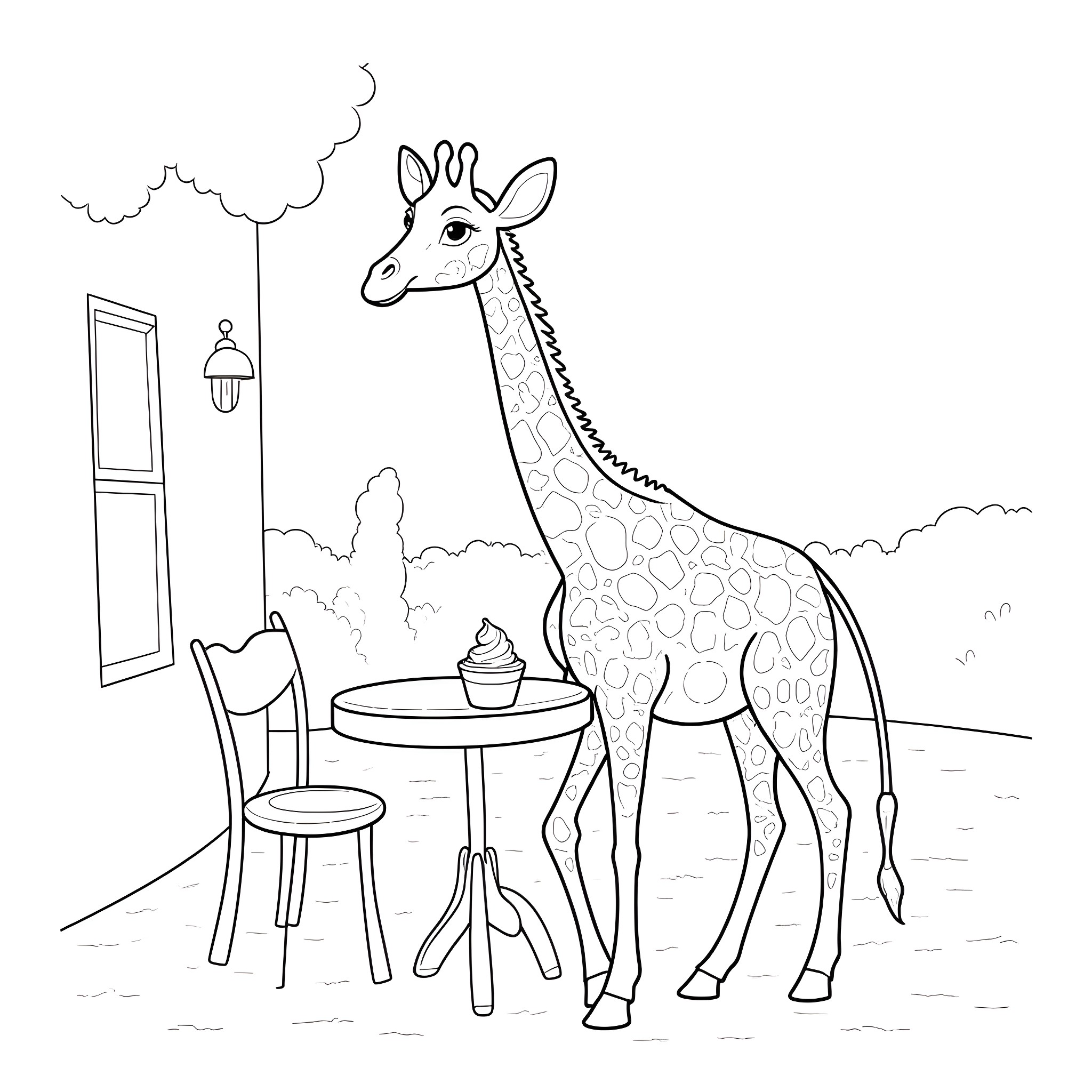 Giraffe enjoying a snack in cozy cafe Coloring Page (free black-and-white line drawing printable PDF for all, from beginners to advanced learners, including children, teens, adults, and seniors)