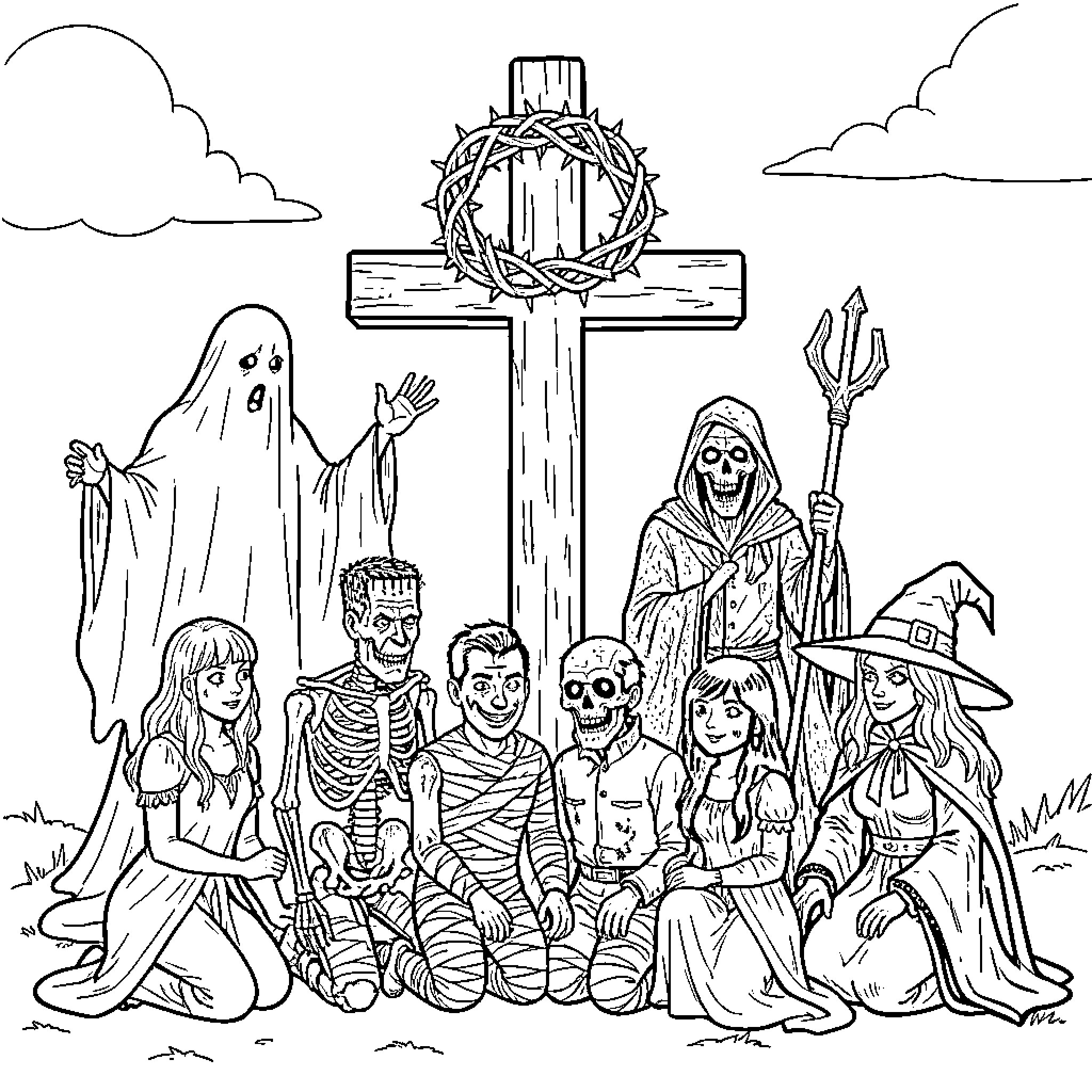 Halloween Characters gathered around a large wooden cross Coloring Page (free black-and-white line drawing printable PDF for all, from beginners to advanced learners, including children, teens, adults, and seniors)