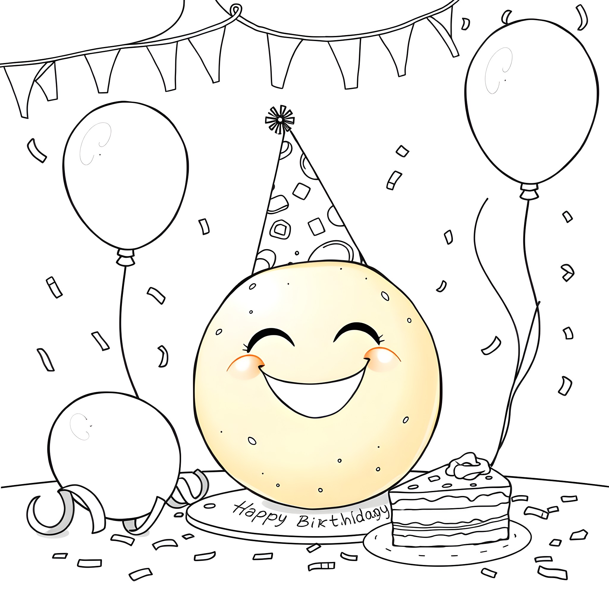 Orange Happy Birthday Celebration with Balloons Coloring Page (free black-and-white line drawing printable PDF for all, from beginners to advanced learners, including children, teens, adults, and seniors)