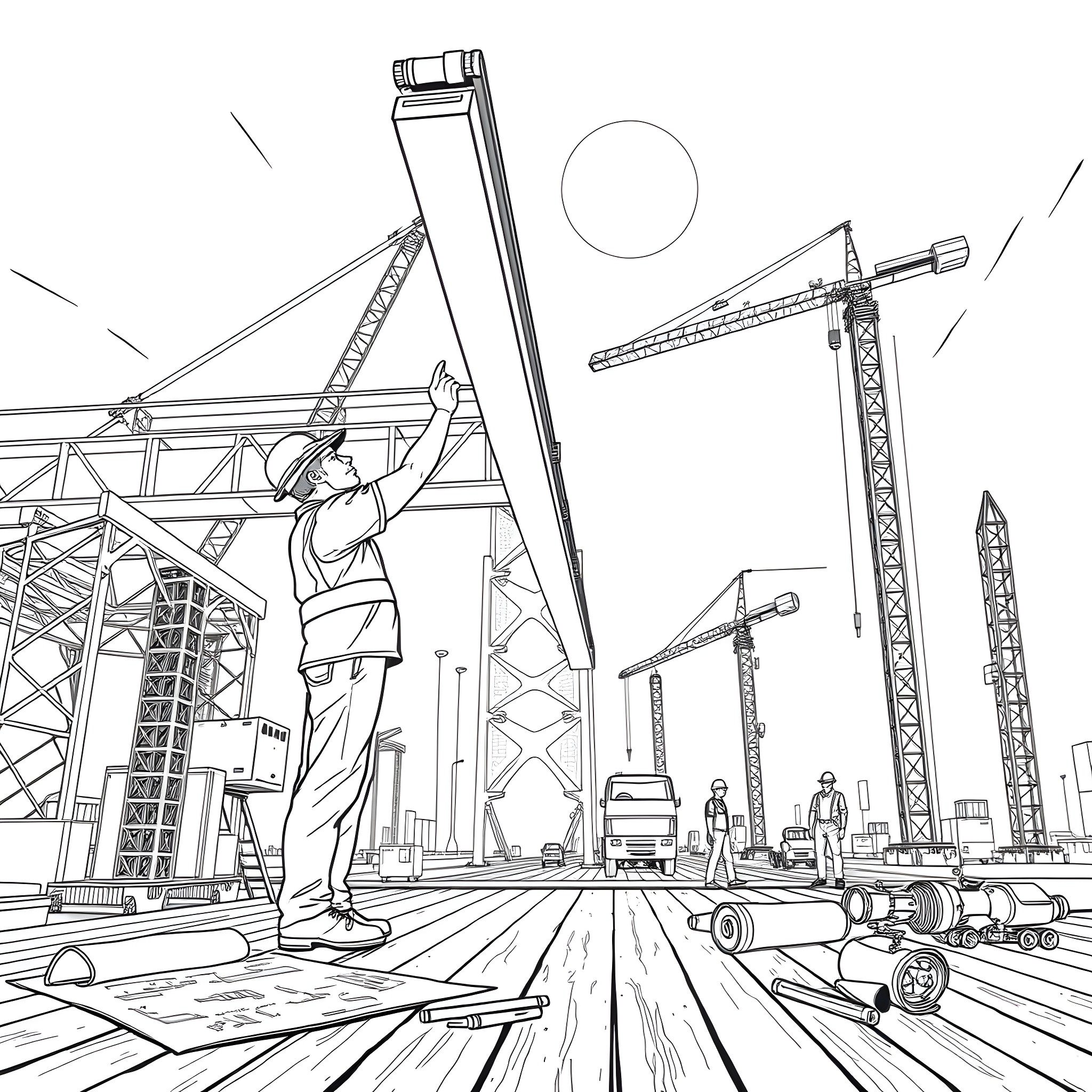 Construction Worker Busy at a Construction Site Coloring Page (free black-and-white line drawing printable PDF for all, from beginners to advanced learners, including children, teens, adults, and seniors)