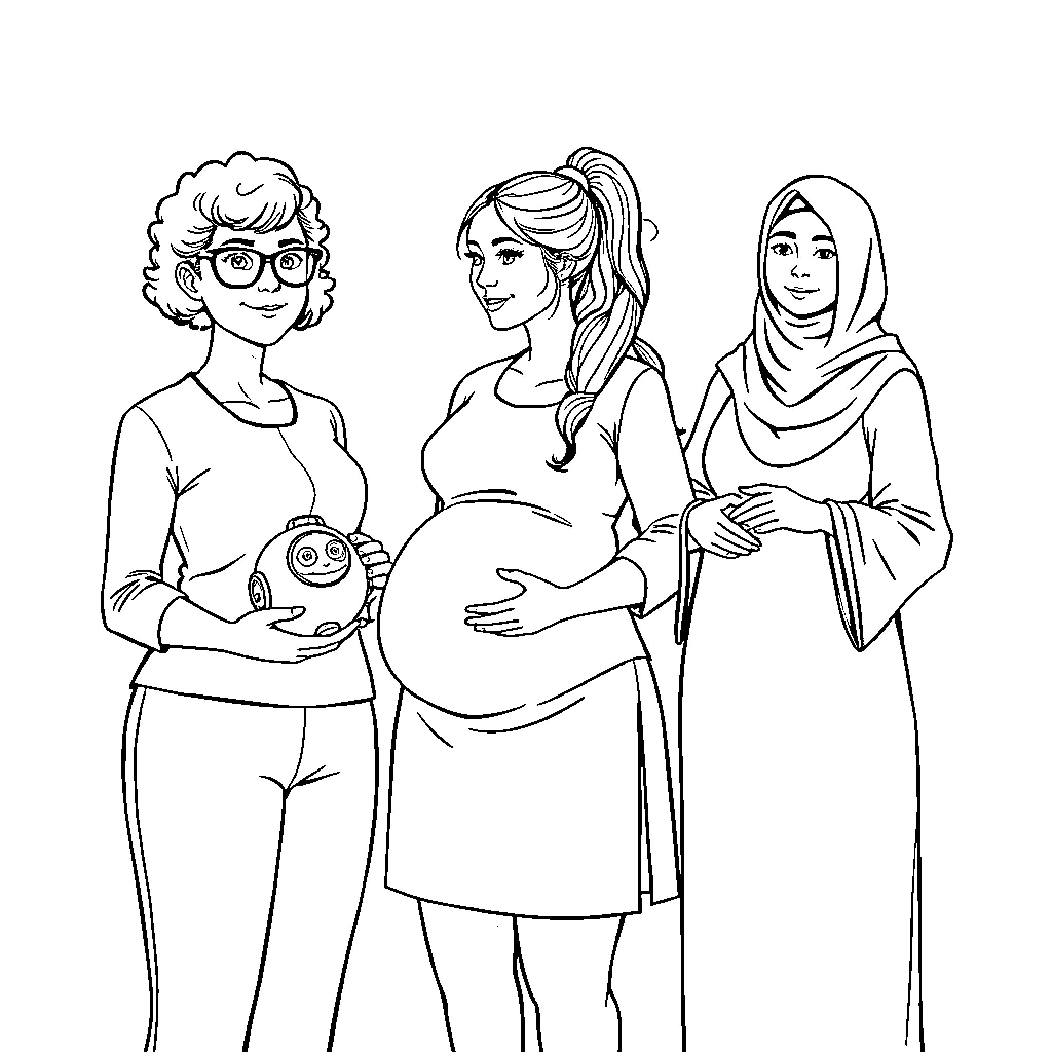 Teacher Assisting Pregnant Students of Diverse Backgrounds Coloring Page (free black-and-white line drawing printable PDF for all, from beginners to advanced learners, including children, teens, adults, and seniors)