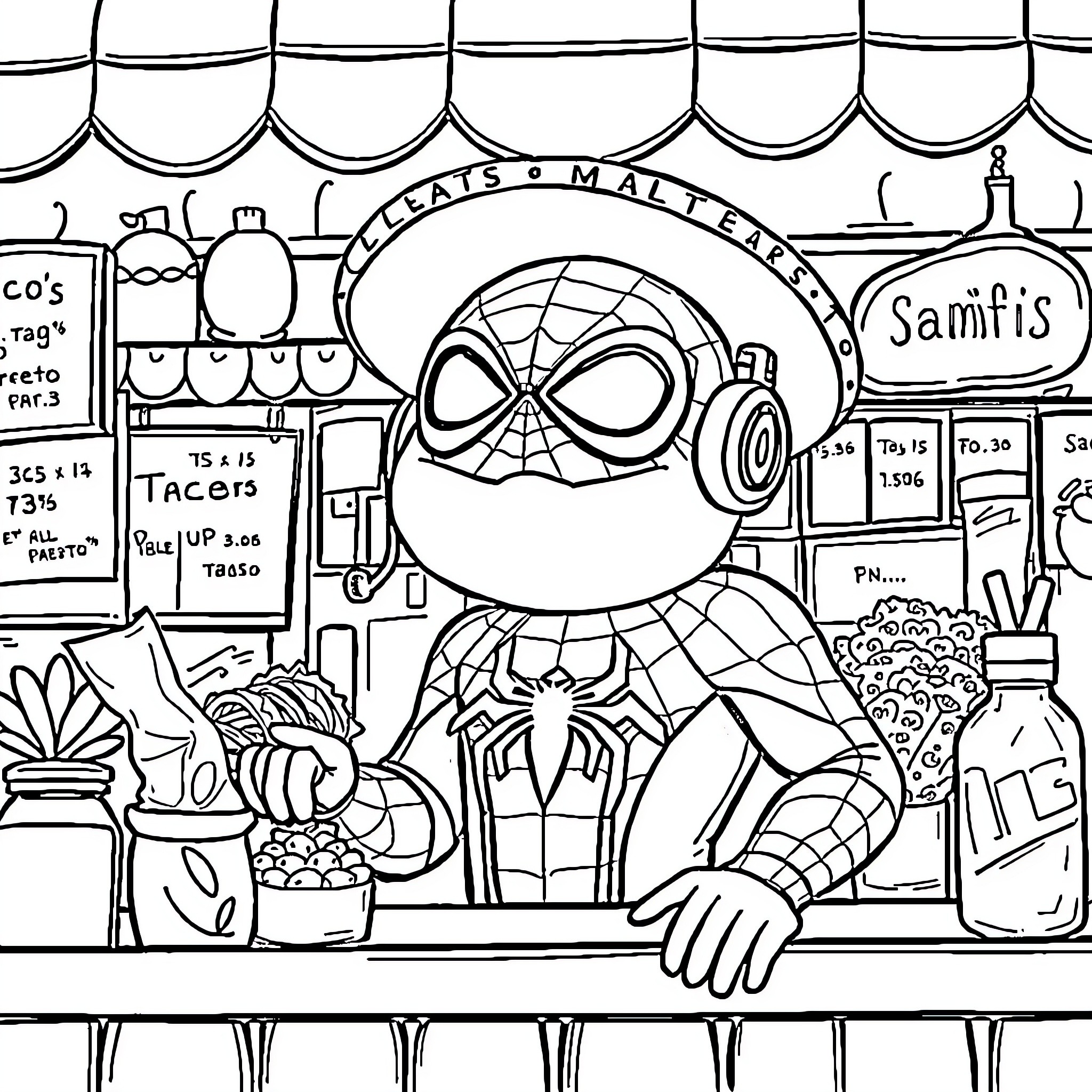 Osito's Friendly Spider-Man Adventure at the Local Market Coloring Page (free black-and-white line drawing printable PDF for all, from beginners to advanced learners, including children, teens, adults, and seniors)