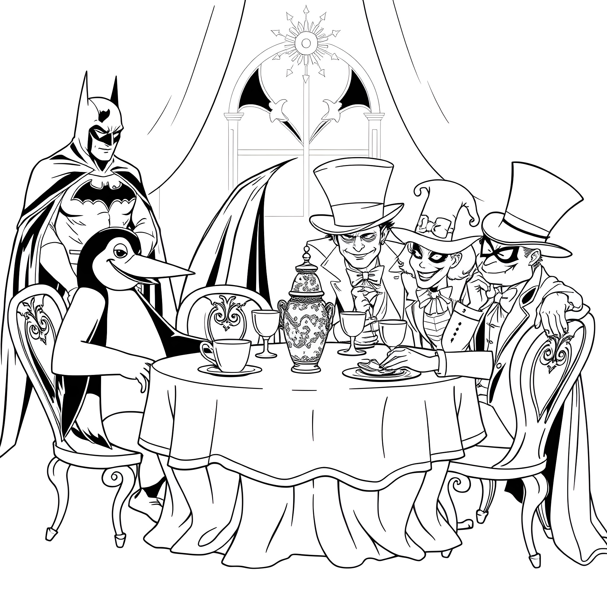 Penguin Villain's Tea Party with Batman Coloring Page (free black-and-white line drawing printable PDF for all, from beginners to advanced learners, including children, teens, adults, and seniors)
