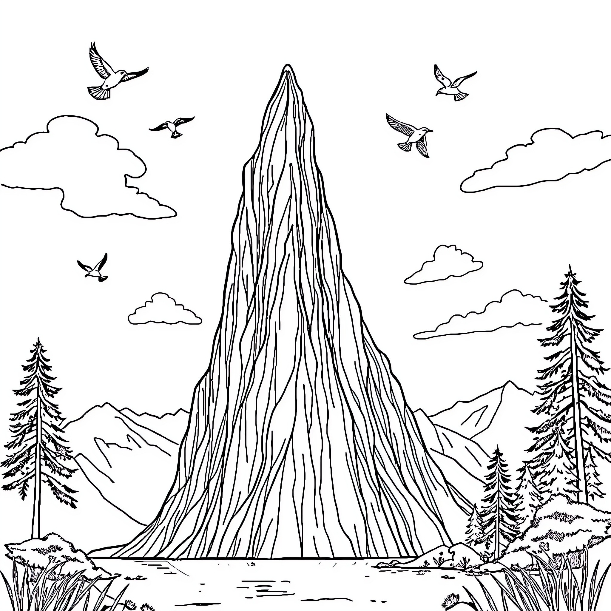 Mountain landscape with birds and pine trees Coloring Page (free black-and-white line drawing printable PDF for all, from beginners to advanced learners, including children, teens, adults, and seniors)