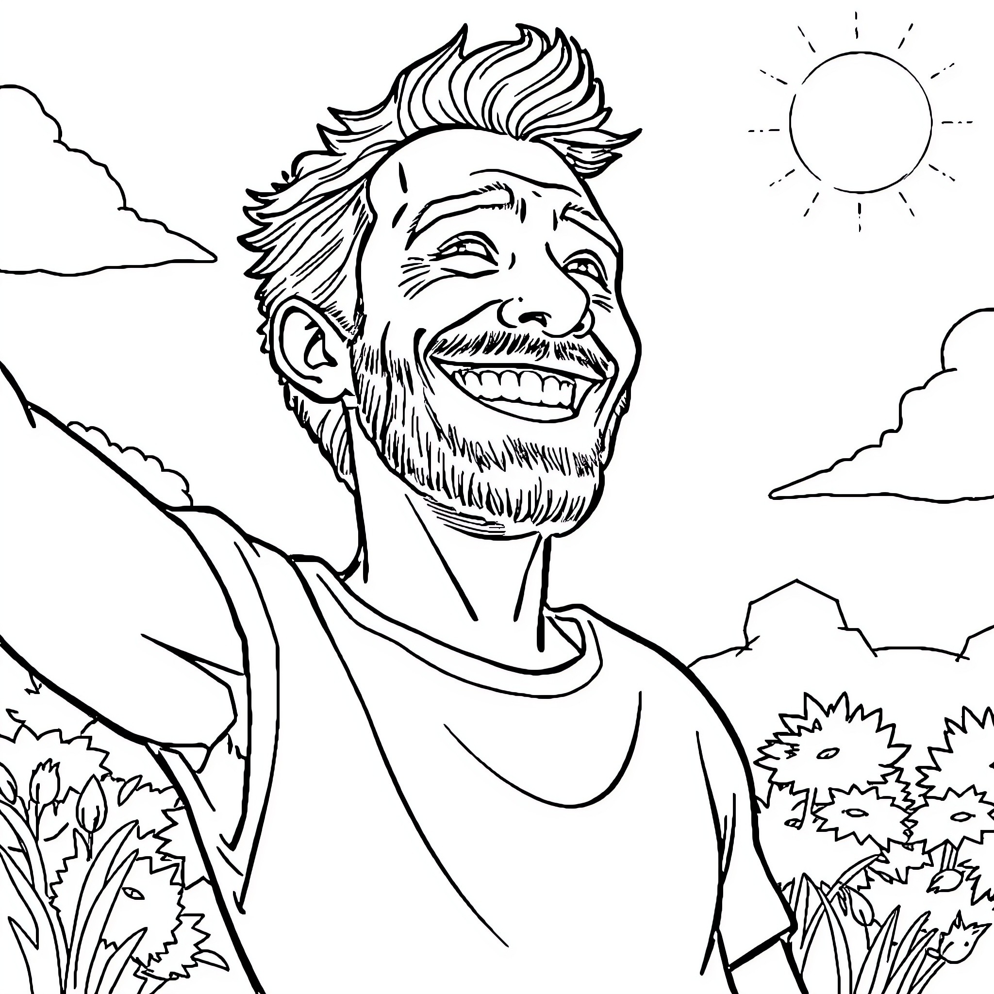 Man with Carefree Expression Enjoying Outdoor Scenery Coloring Page (free black-and-white line drawing printable PDF for all, from beginners to advanced learners, including children, teens, adults, and seniors)
