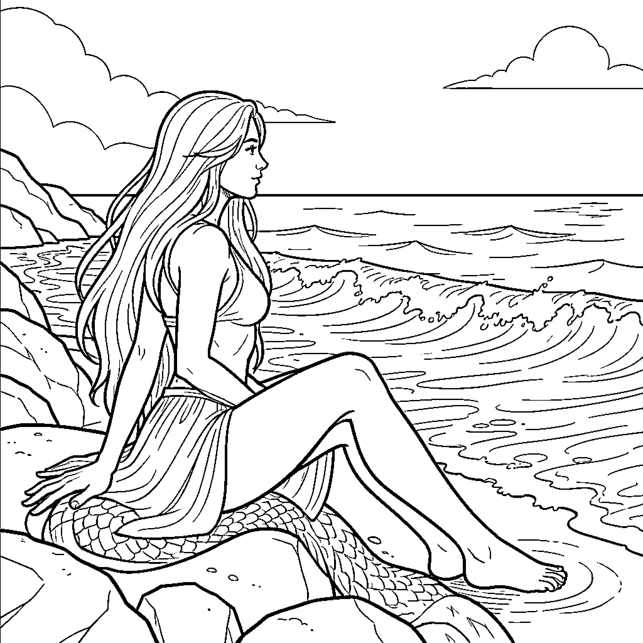 Siren sitting on rocks gazing at the ocean waves Coloring Page (free black-and-white line drawing printable PDF for all, from beginners to advanced learners, including children, teens, adults, and seniors)
