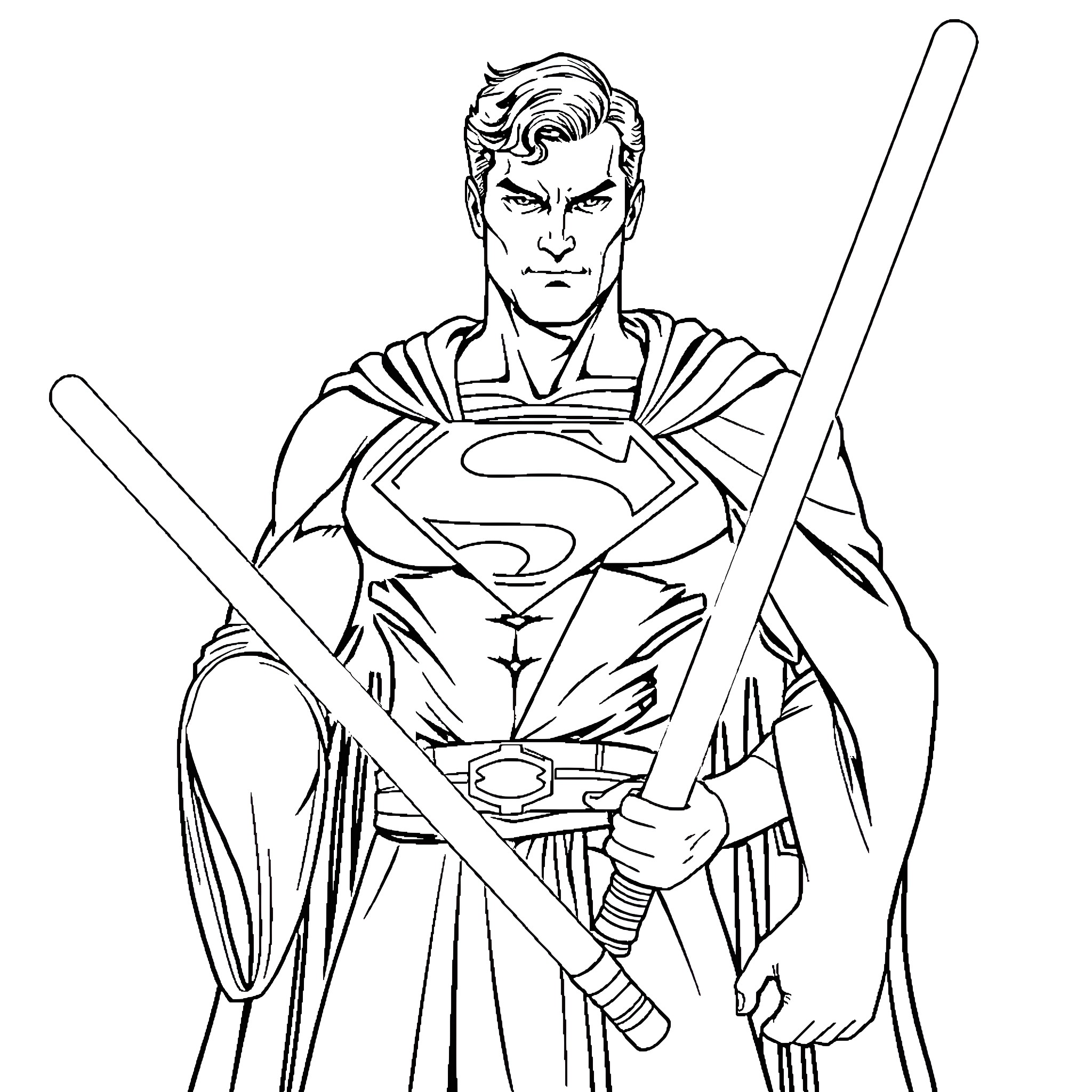Jedi Superman wielding lightsabers in heroic pose Coloring Page (free black-and-white line drawing printable PDF for all, from beginners to advanced learners, including children, teens, adults, and seniors)