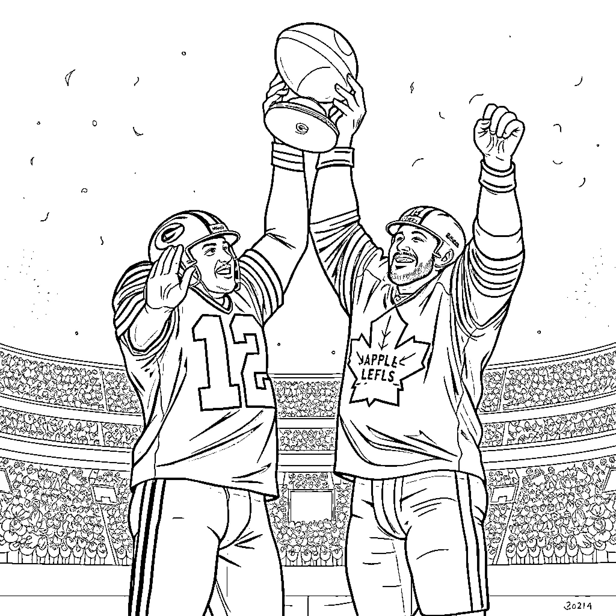 Players celebrating victory with trophy on field Coloring Page (free black-and-white line drawing printable PDF for all, from beginners to advanced learners, including children, teens, adults, and seniors)