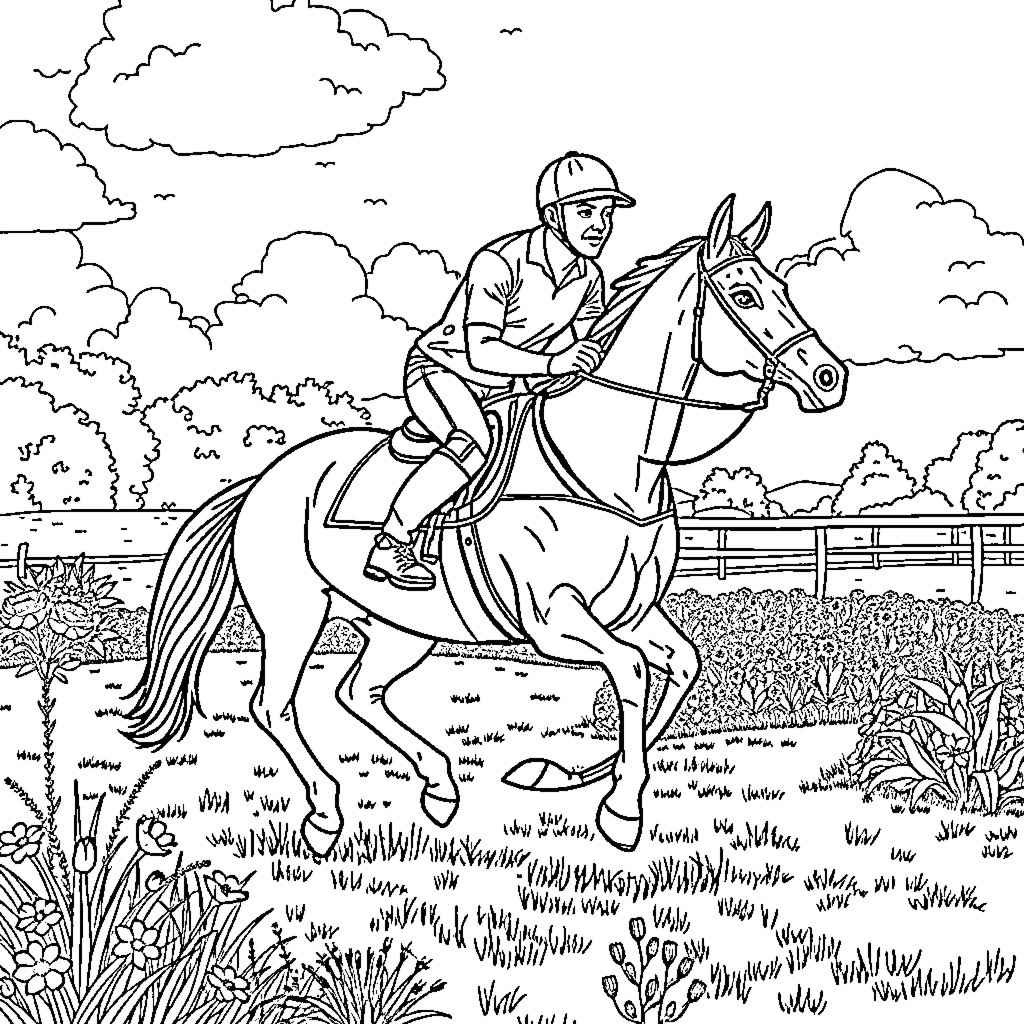 Polo Horse Rider in Outdoor Setting Coloring Page (free black-and-white line drawing printable PDF for all, from beginners to advanced learners, including children, teens, adults, and seniors)