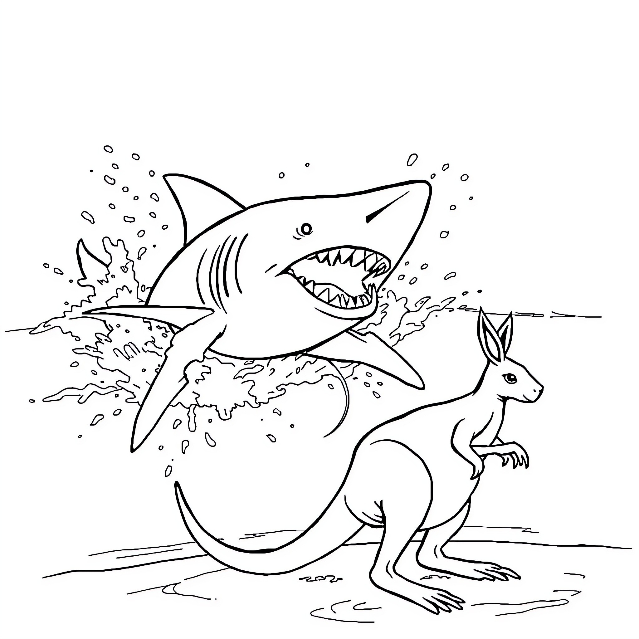 Shark chasing kangaroo in the ocean Coloring Page (free black-and-white line drawing printable PDF for all, from beginners to advanced learners, including children, teens, adults, and seniors)