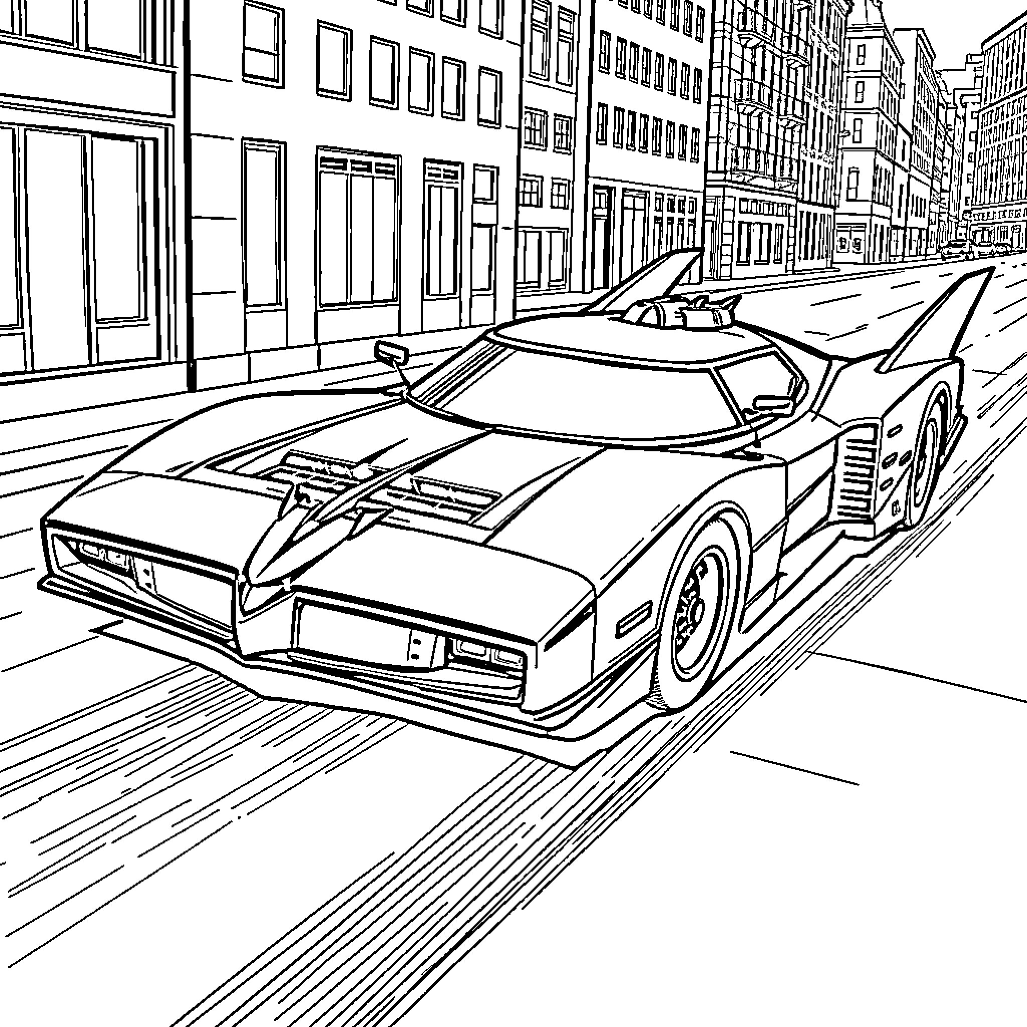 Batmobile speeding through urban city streets Coloring Page (free black-and-white line drawing printable PDF for all, from beginners to advanced learners, including children, teens, adults, and seniors)