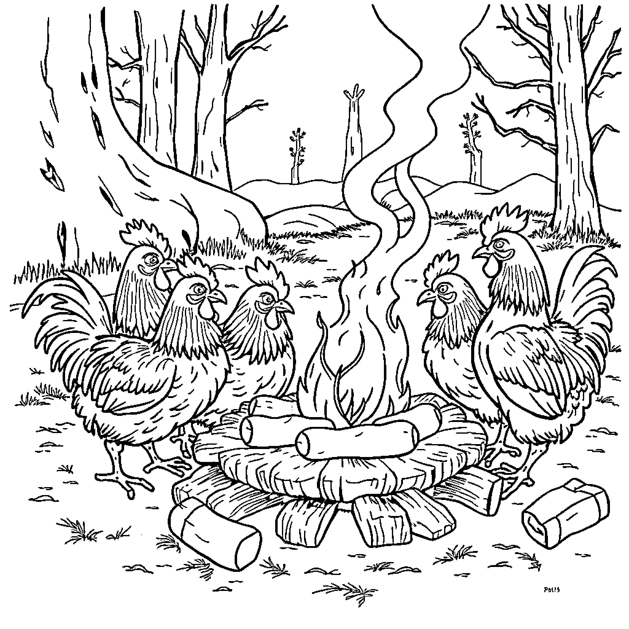 Chickens gathered around a campfire in the forest Coloring Page (free black-and-white line drawing printable PDF for all, from beginners to advanced learners, including children, teens, adults, and seniors)