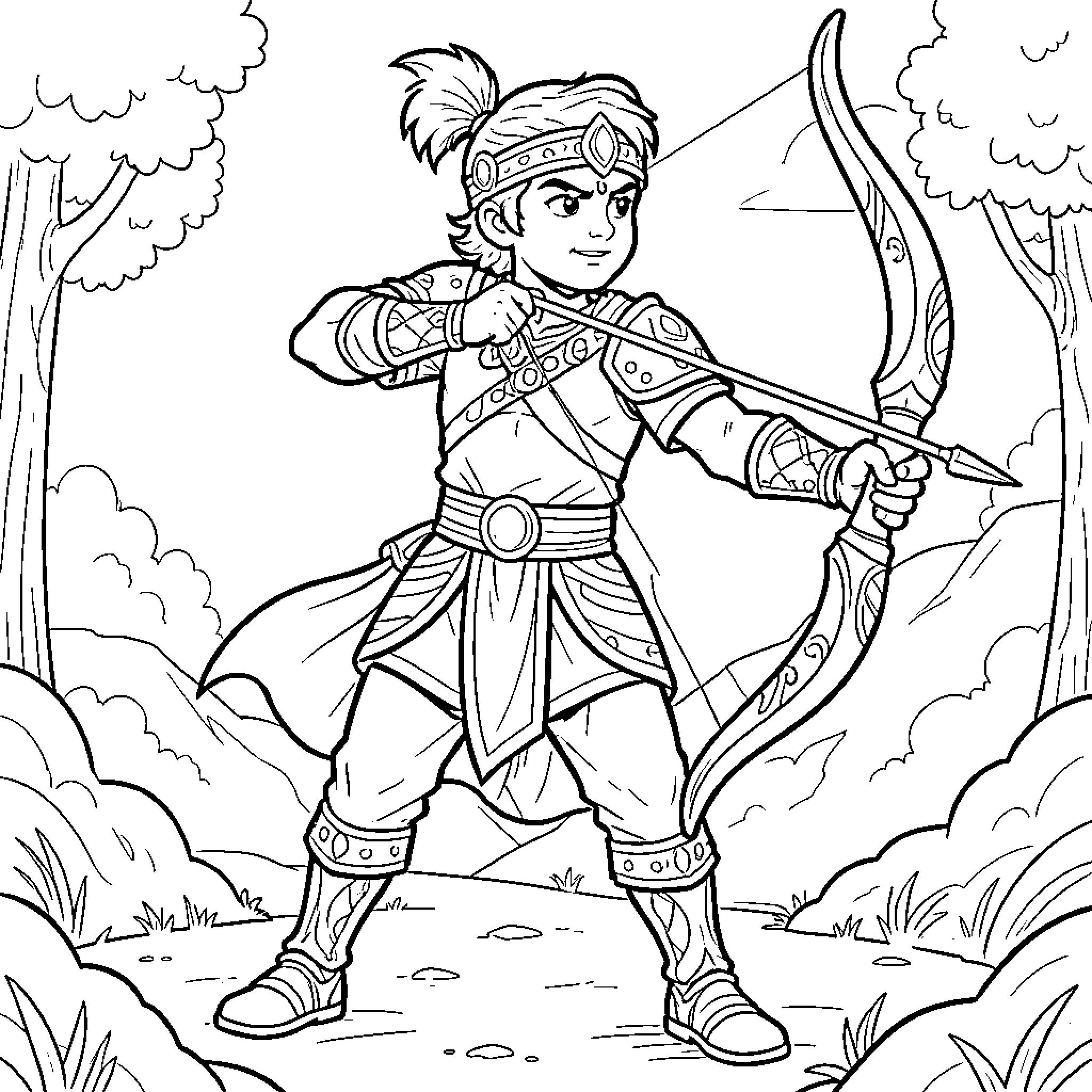 Arjun, the Skilled Archer, in the Wilderness Coloring Page (free black-and-white line drawing printable PDF for all, from beginners to advanced learners, including children, teens, adults, and seniors)