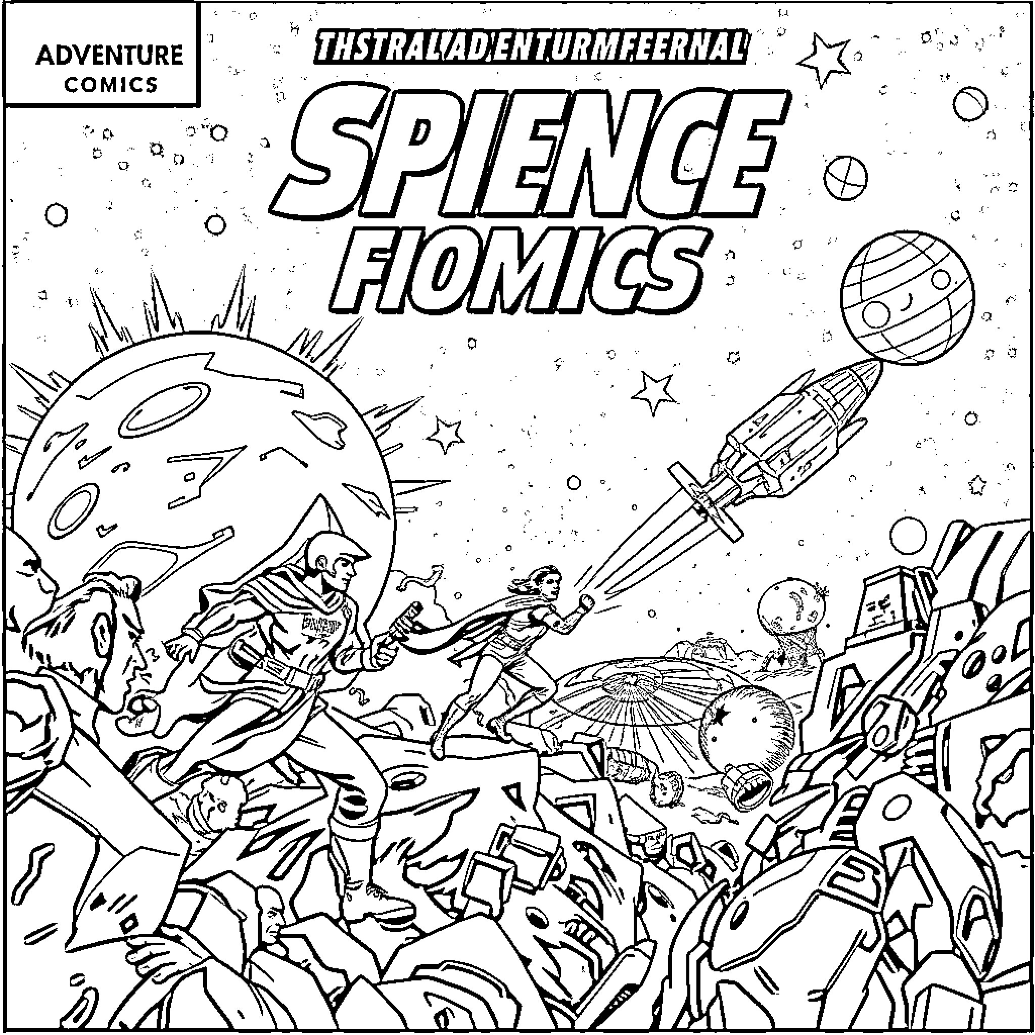 Comic Space Adventure with Sci-Fi Scenes and Characters Coloring Page (free black-and-white line drawing printable PDF for all, from beginners to advanced learners, including children, teens, adults, and seniors)
