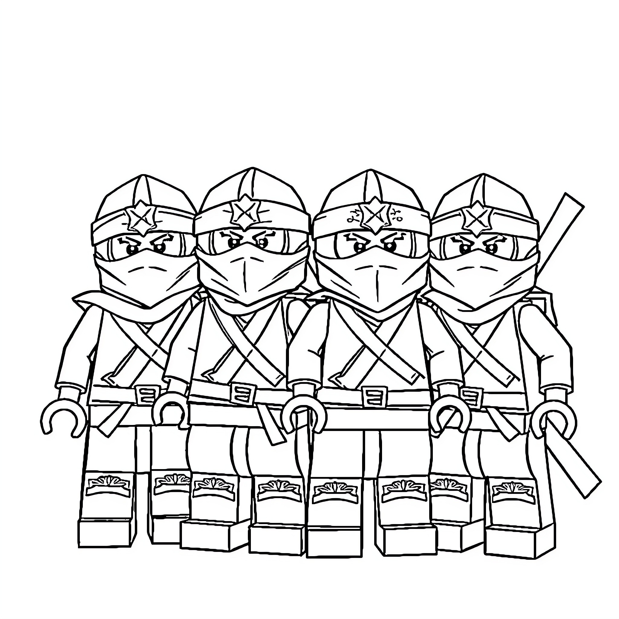 Ninjago ninjas in combat attire Coloring Page (free black-and-white line drawing printable PDF for all, from beginners to advanced learners, including children, teens, adults, and seniors)