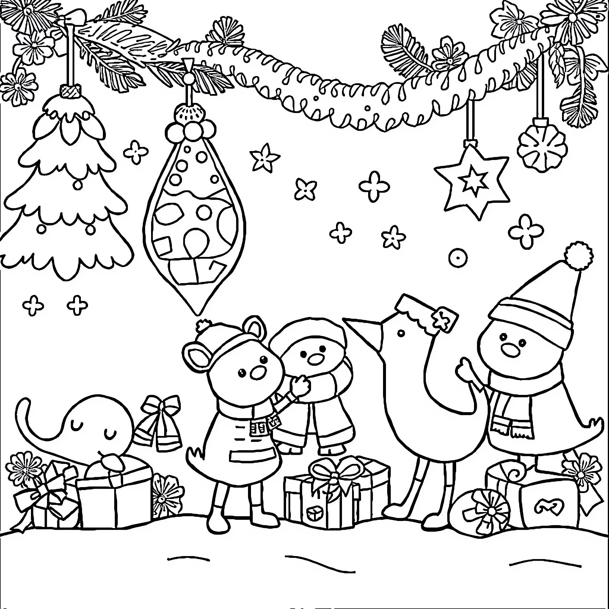 Christmas Doll Characters Celebrating with Gifts and Ornaments Coloring Page (free black-and-white line drawing printable PDF for all, from beginners to advanced learners, including children, teens, adults, and seniors)